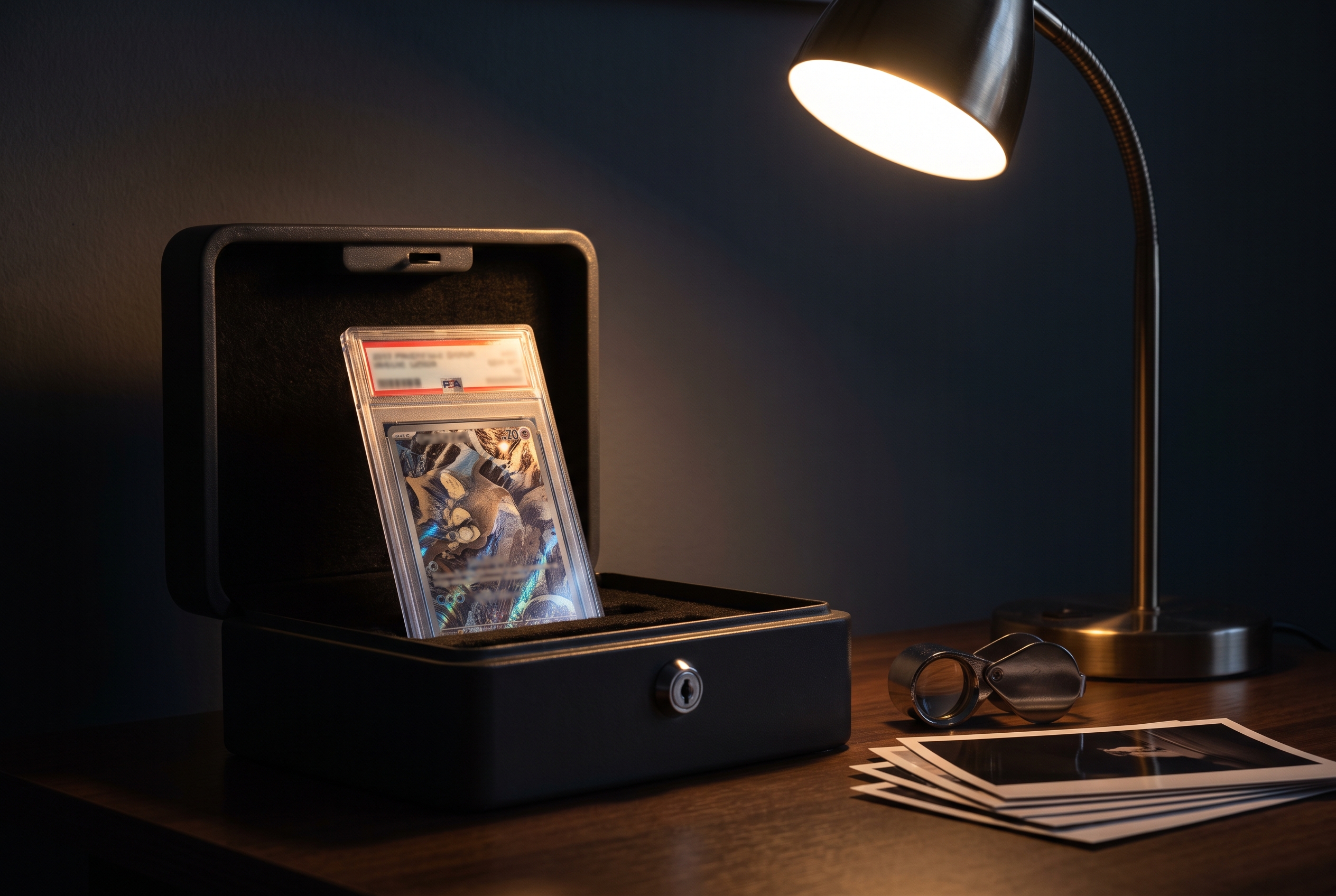 A graded card slab stands upright in a small open fireproof safe on a desk, lit by a gooseneck lamp, with a loupe and face-down photo prints nearby.