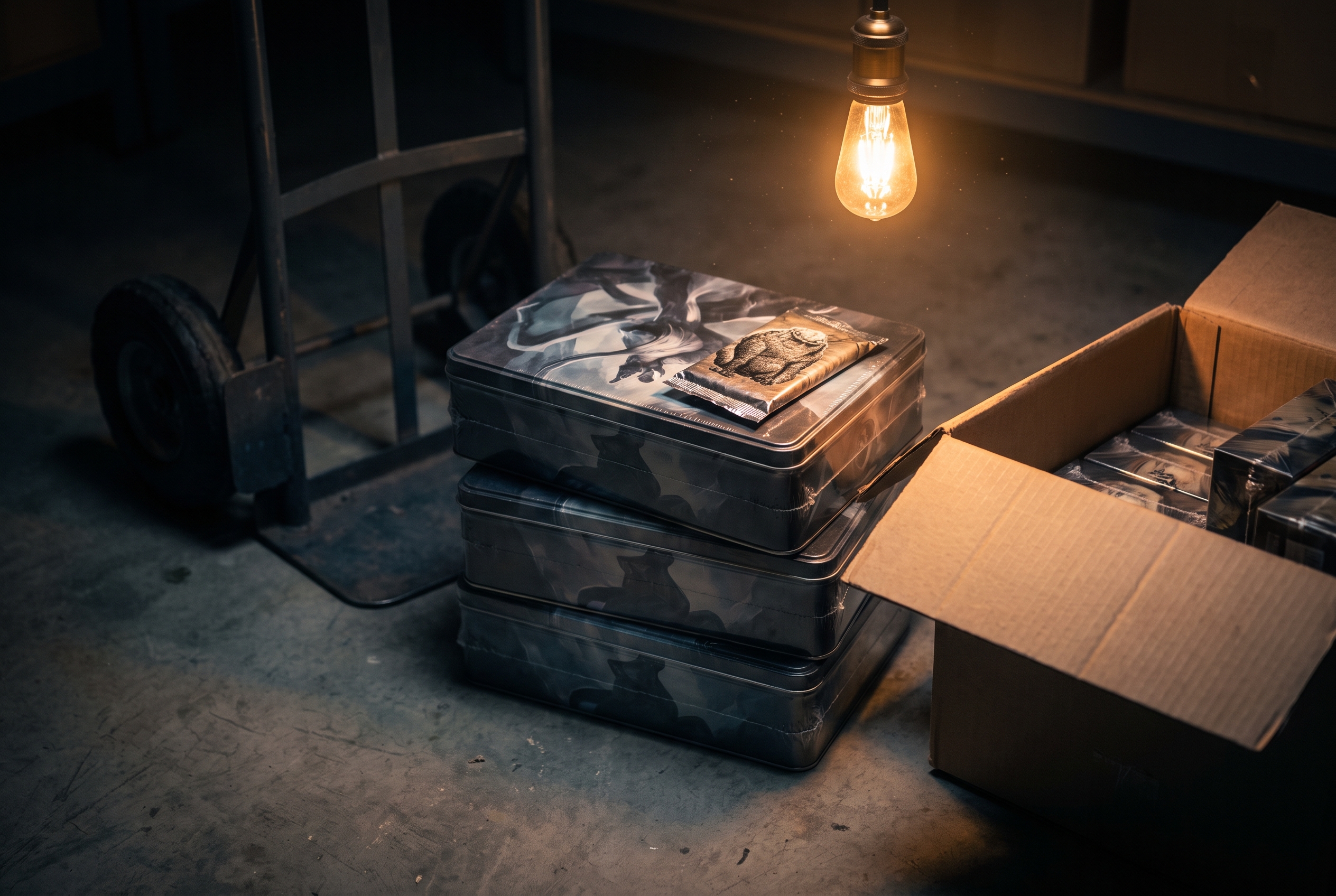 A stack of sealed collector tins beside an open cardboard shipping case, lit by a single warm overhead bulb in a dim stockroom.