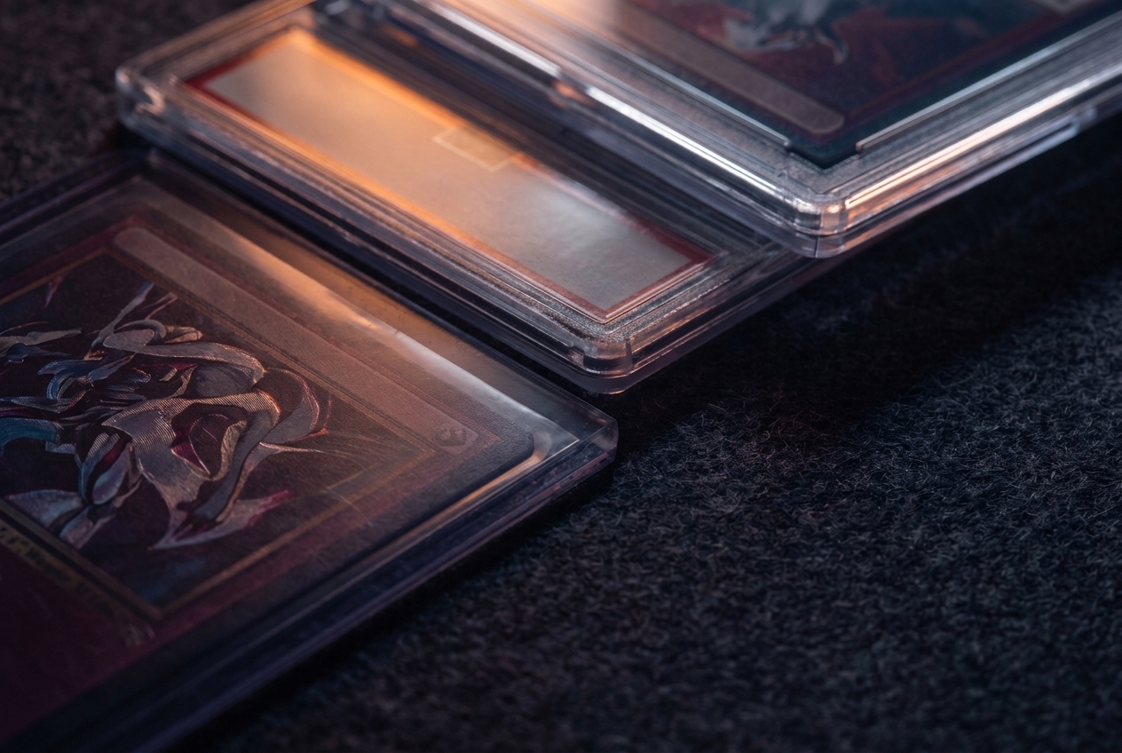 Extreme macro of three card corners in a diagonal row, one raw and two in graded slabs, each catching a different intensity of rim light.