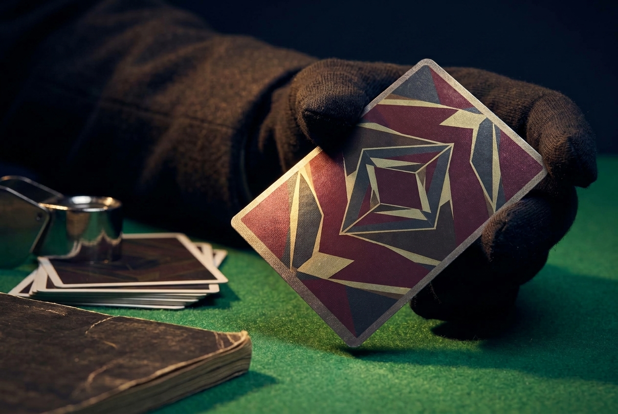 A hand tilts a foil trading card under warm lamplight above green felt, with a loupe and face-down cards blurred nearby.
