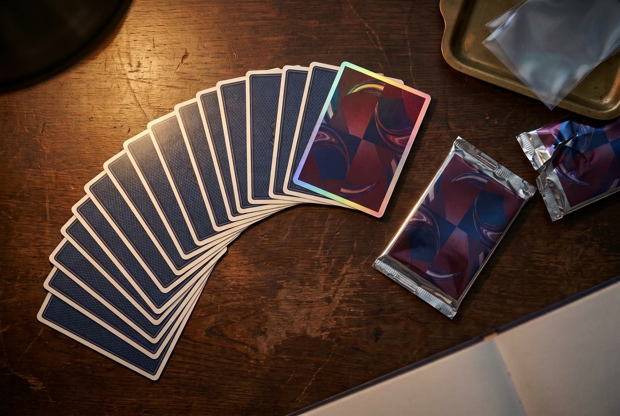 A fan of face-down trading cards on dark wood with one foil card turned face-up, beside an opened pack wrapper and a small brass tray.