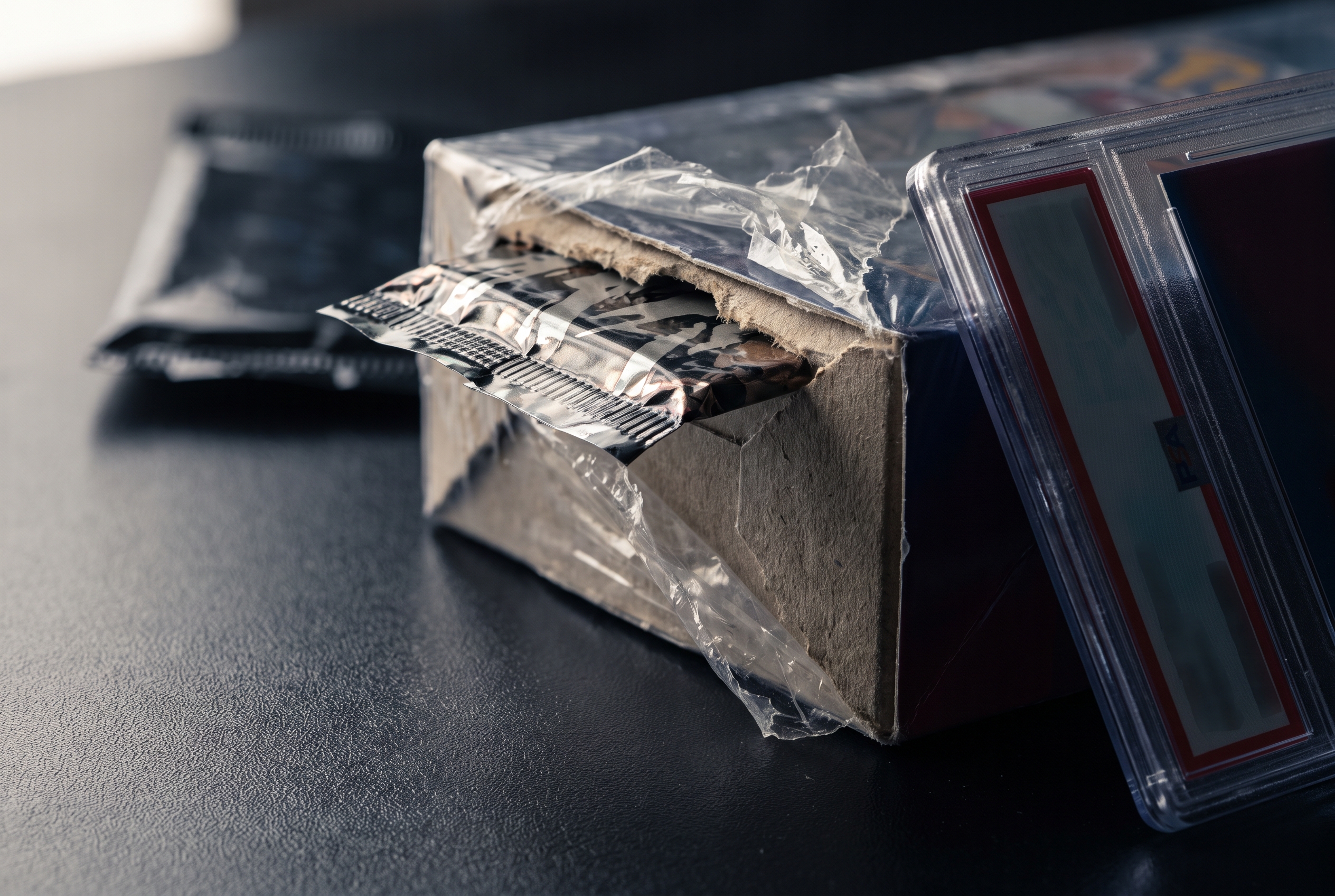 A close-up of a torn hobby box corner with a foil wax pack pulled halfway out at an angle, a graded card slab leaning against the box under raking light.
