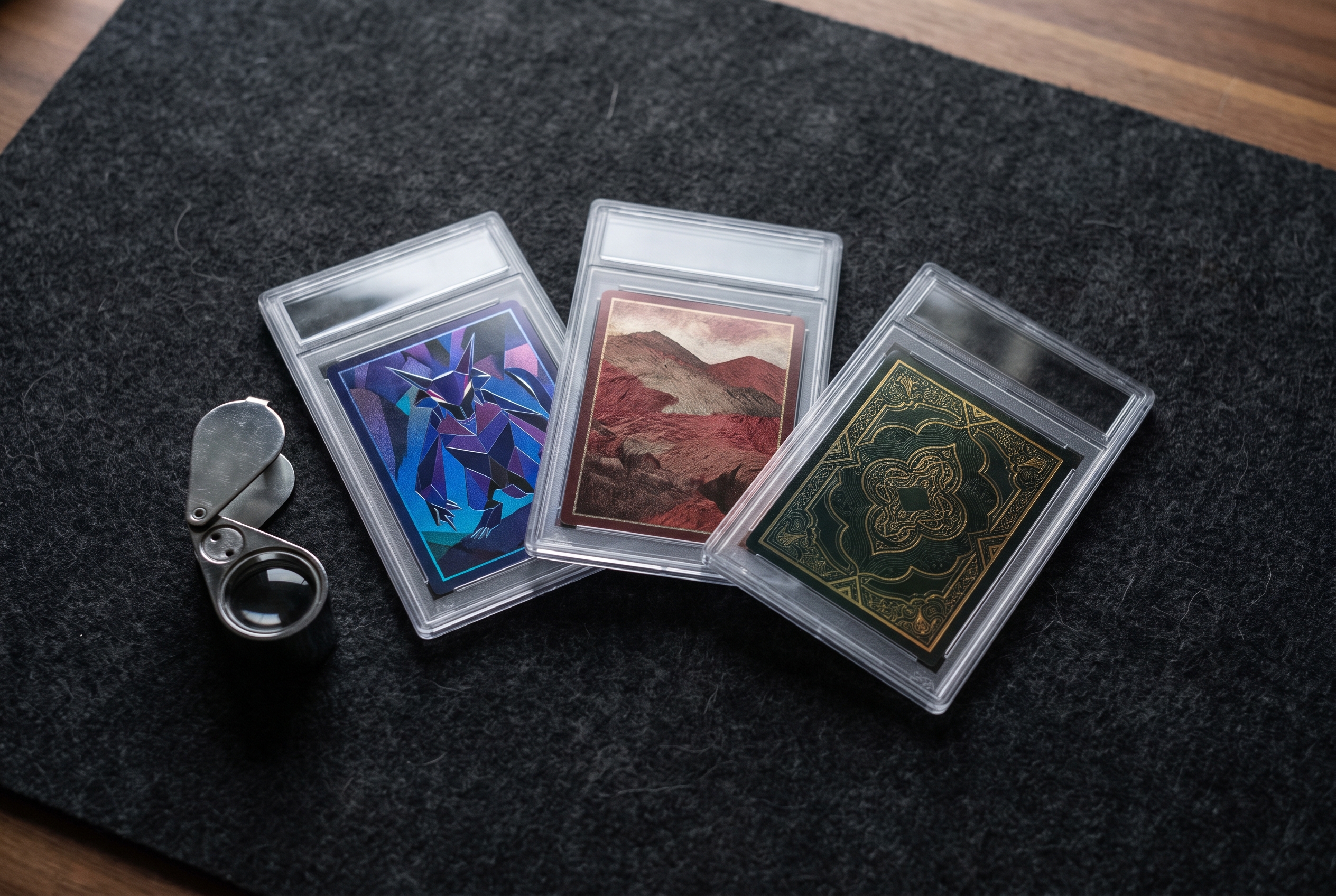 Three graded card slabs fanned across dark felt in an overhead flat lay, with a jeweler's loupe resting beside the nearest one under soft, angled light.