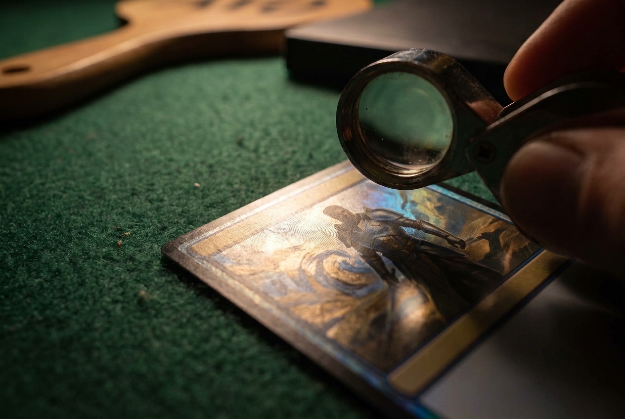 A jeweler's loupe hovers over the raking-lit corner of a foil trading card on green felt, its texture catching hot glare against deep shadow.