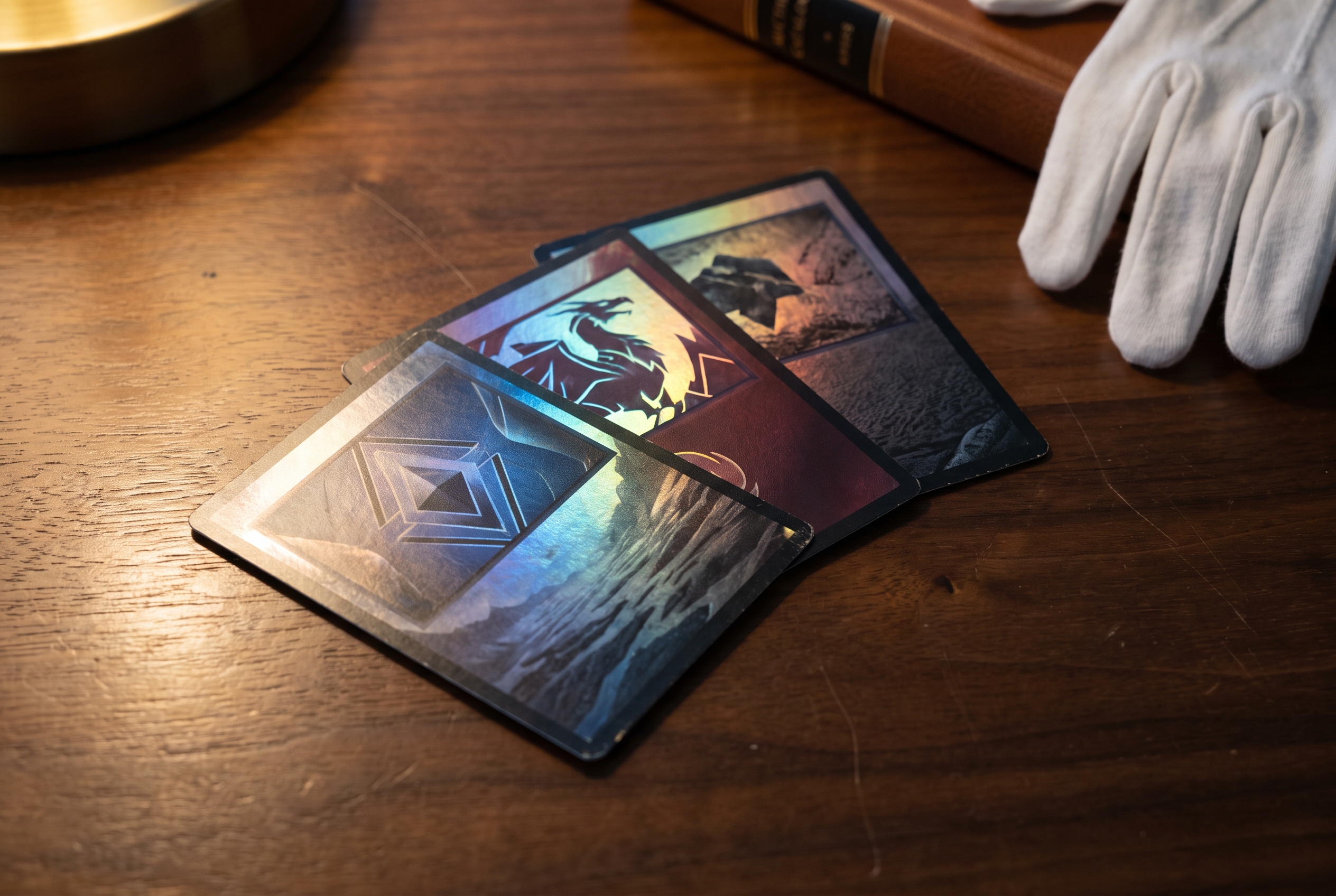 Three trading cards fan out at angles on a dark wood table under warm lamplight, each catching the light differently, with an archival cotton glove resting nearby.