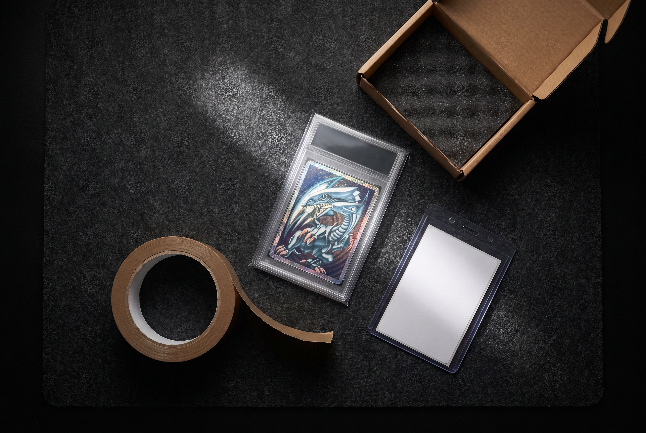 A graded card slab on dark felt beside a foam-lined shipping box, tape roll, and blank label holder, lit from above with a raking accent light.