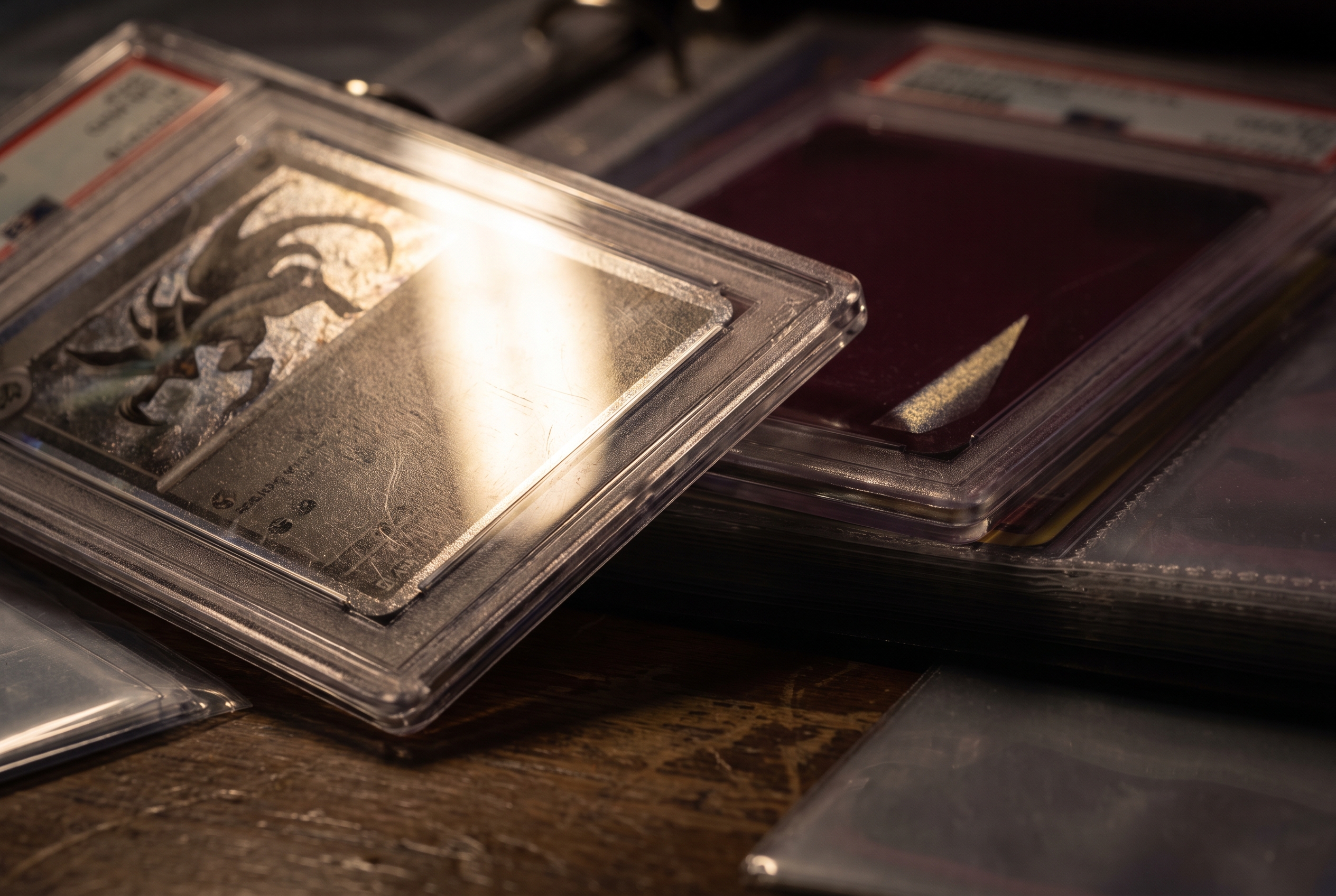 A tilted graded slab catches a hard streak of light across its foil surface while a second slab fades into dark burgundy shadow behind it.