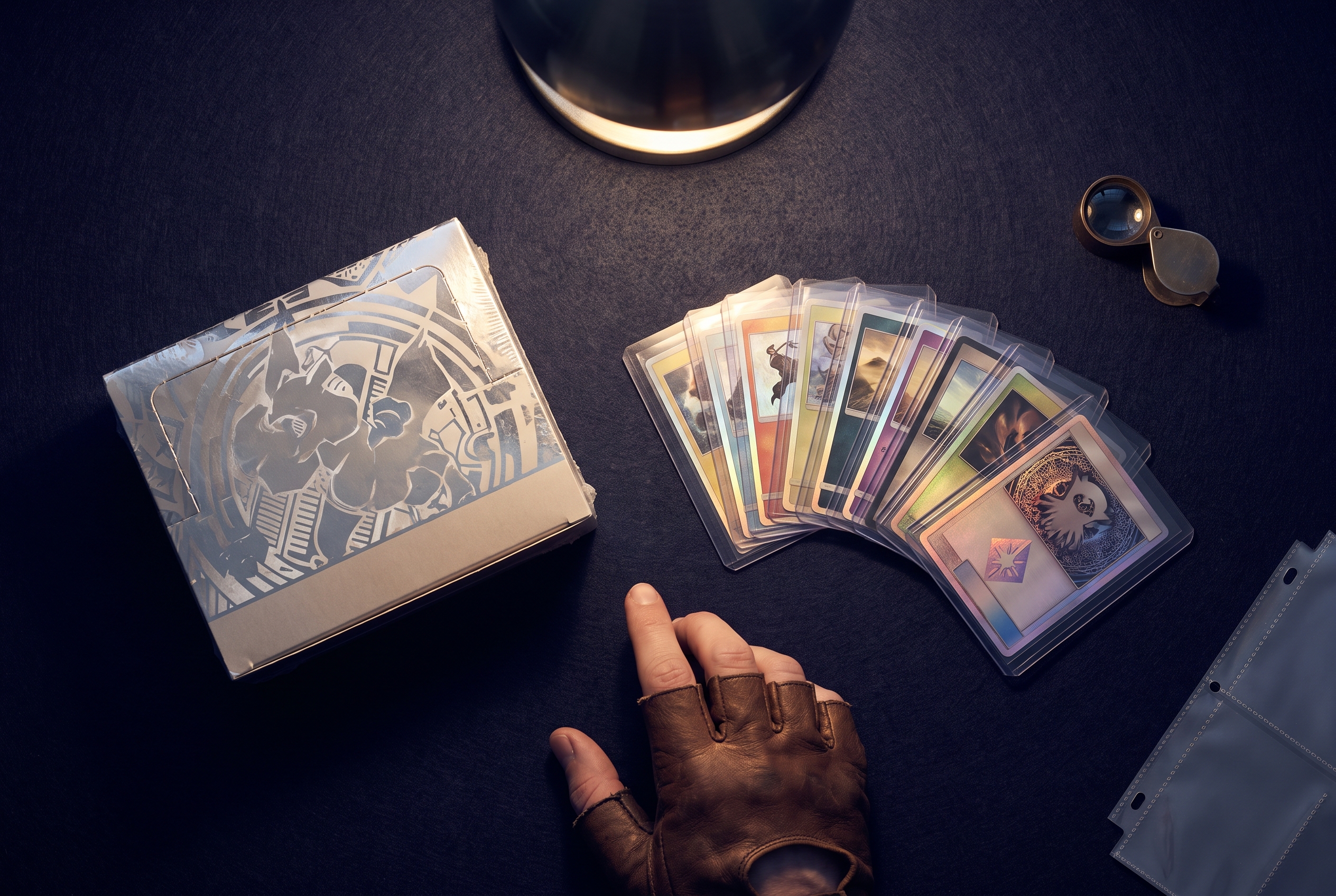 Overhead view of a sealed booster box and a fan of sleeved single cards on dark felt, with a hand hovering undecided between them.