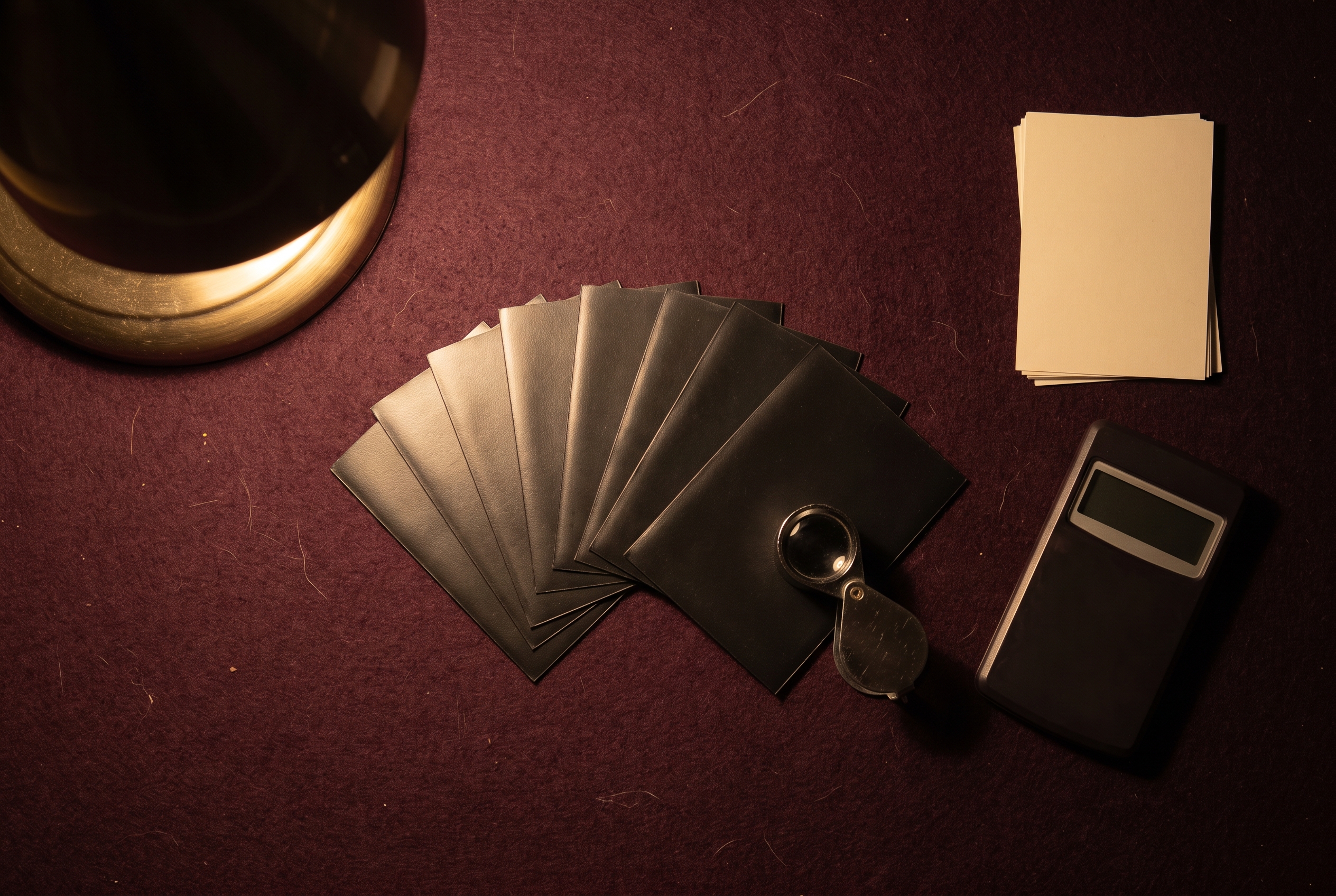 Sleeved trading cards fanned face-down on dark felt beside a loupe, calculator, and a stack of blank forms under low raking lamp light.