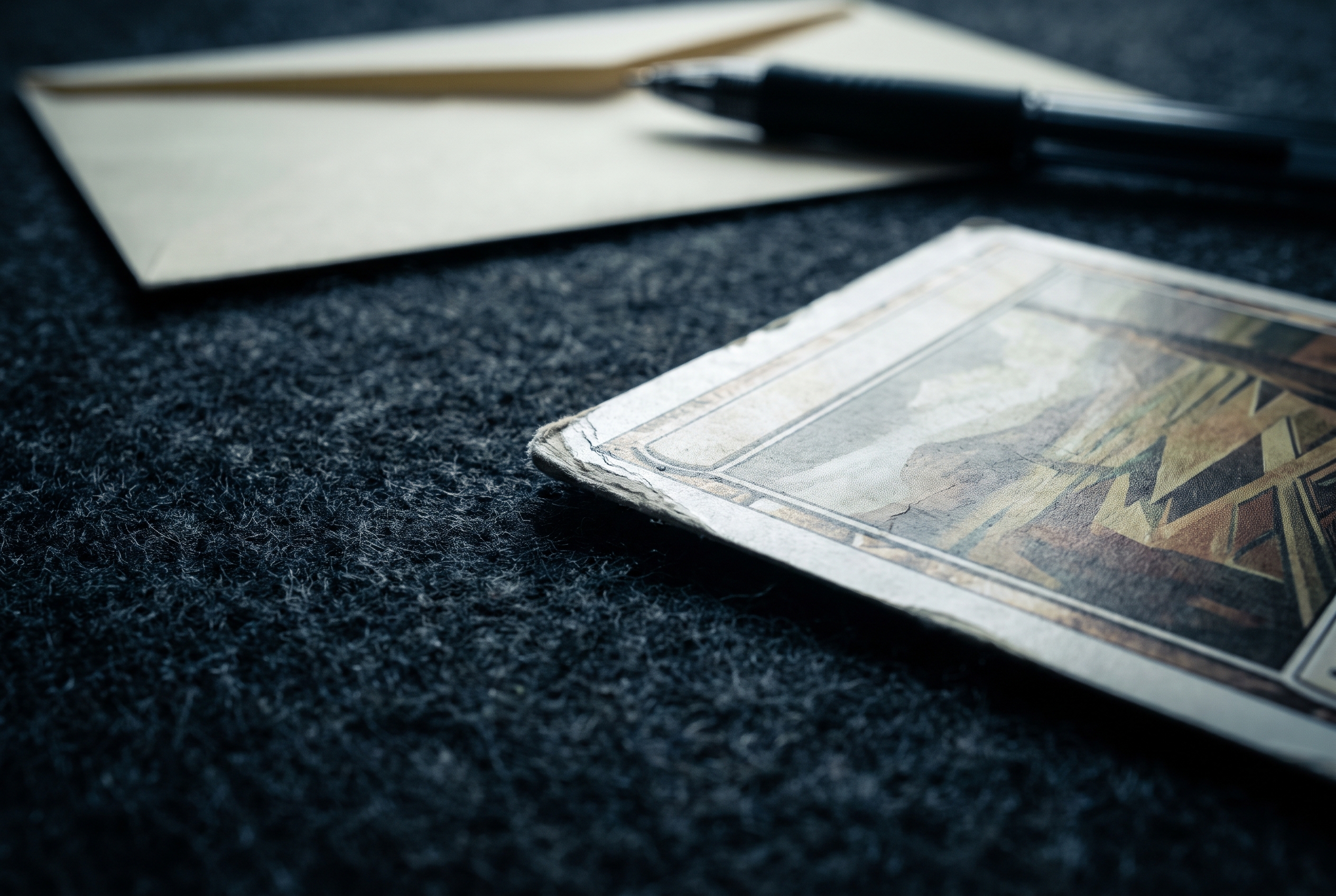 Extreme close-up of a raw trading card's corner and edge beside a blank submission envelope and pen on dark fabric.