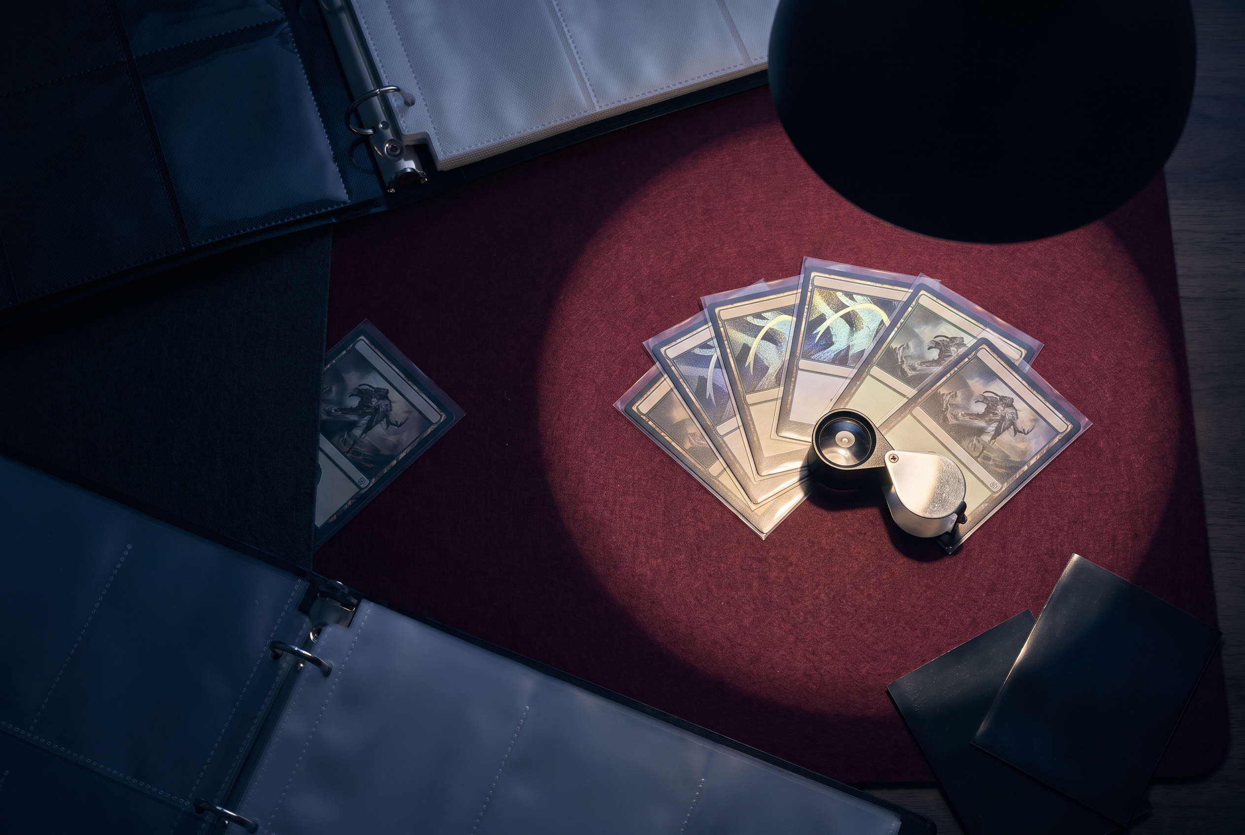 Overhead view of sleeved trading cards grouped under a lamp's light on dark felt, with one card pushed alone into the shadowed edge of the mat beside a loupe.