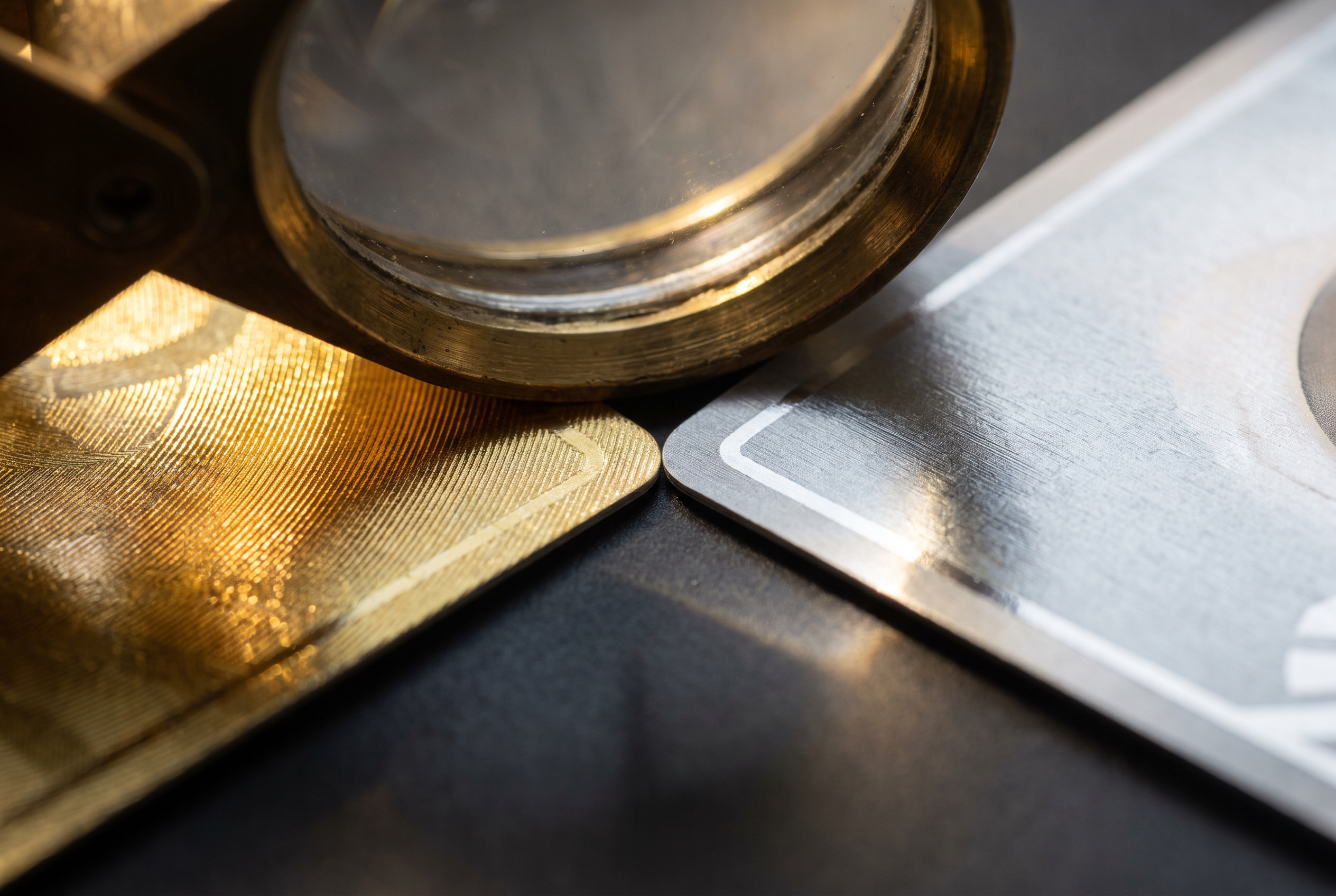 Macro close-up of two trading card corners held together under a loupe, their foil textures catching raking light at different angles to show a visible difference in pattern.