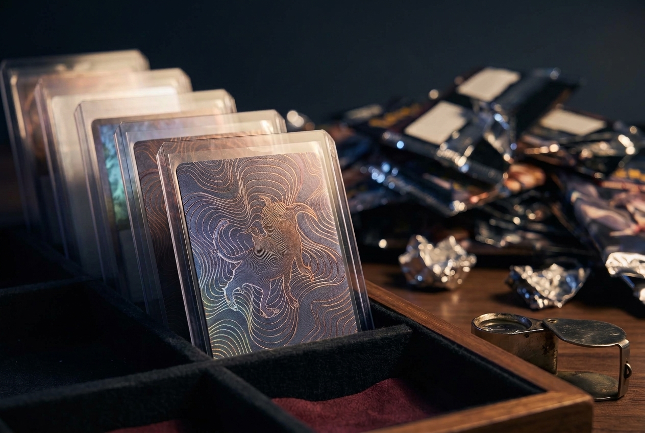 Close-up along a row of five sleeved holographic cards standing in a tray, with a large blurred heap of torn foil wrappers glowing faintly in the dark background.