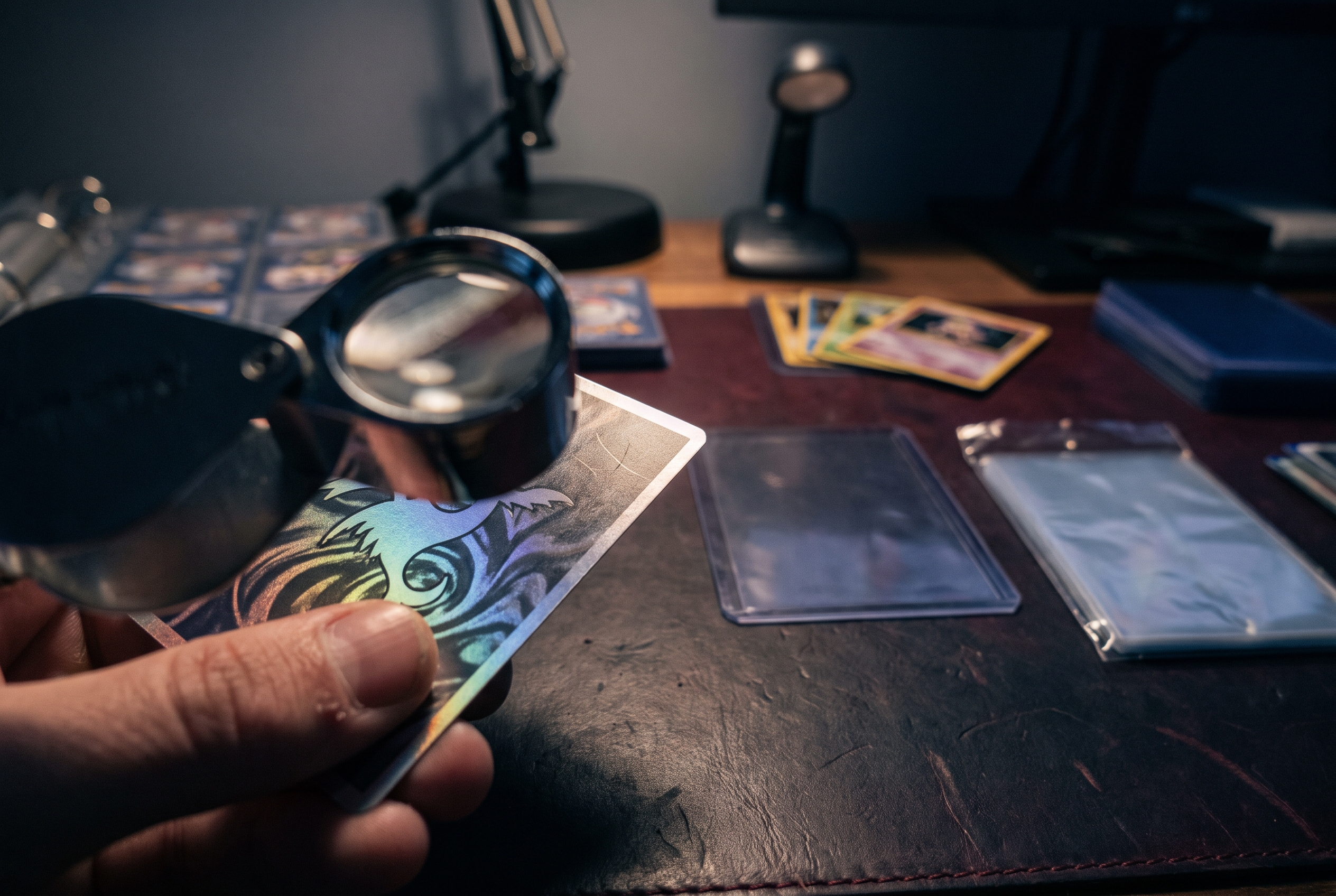 Extreme close-up of a fingertip steadying a holographic card corner while a loupe hovers above it, lit by a narrow lamp beam on a dark desk beside empty card sleeves.