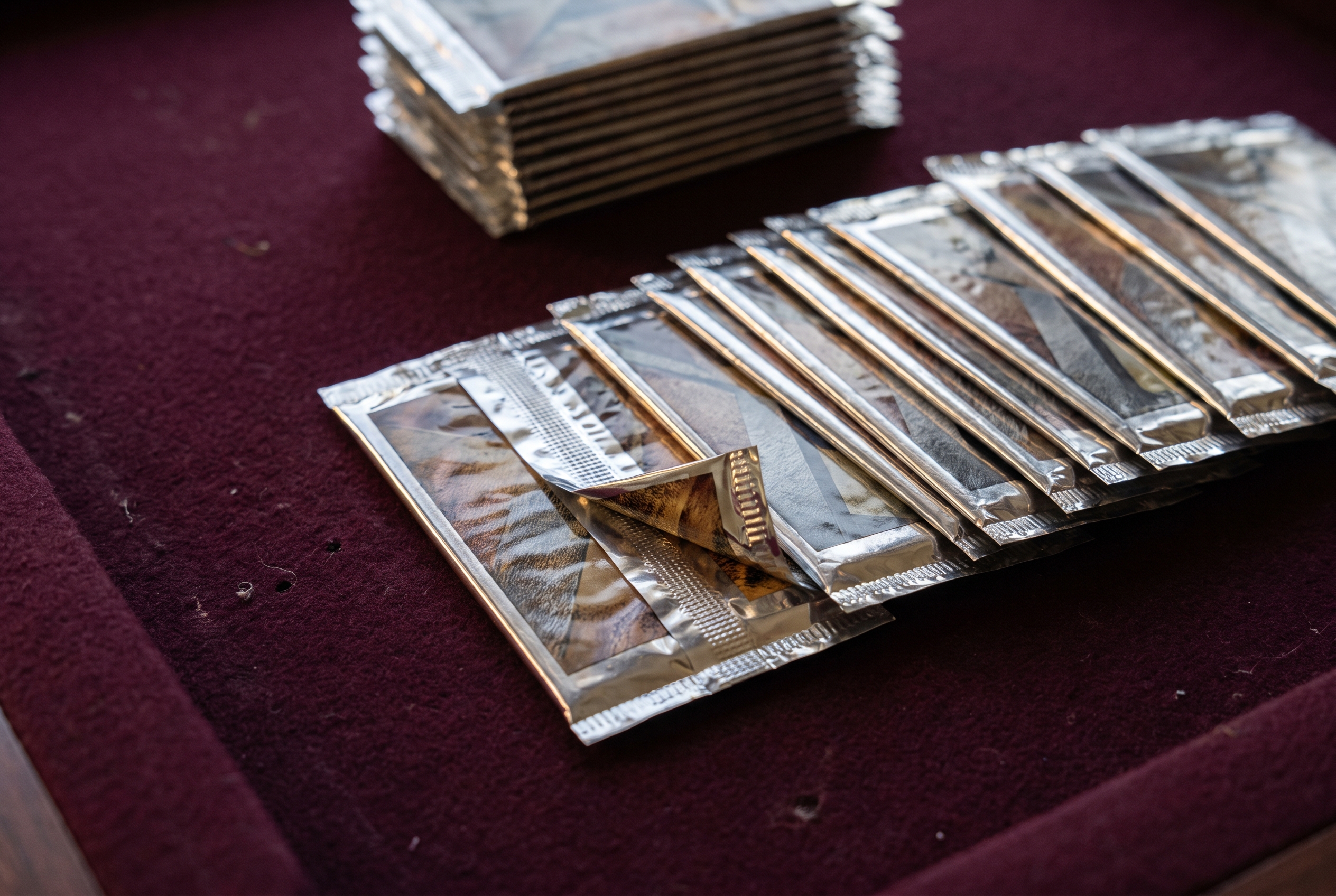 A fanned row of sealed foil trading-card packs rests on dark burgundy felt under raking side light, one pack's corner lifted to catch a glint of foil, with more packs stacked softly out of focus behind.