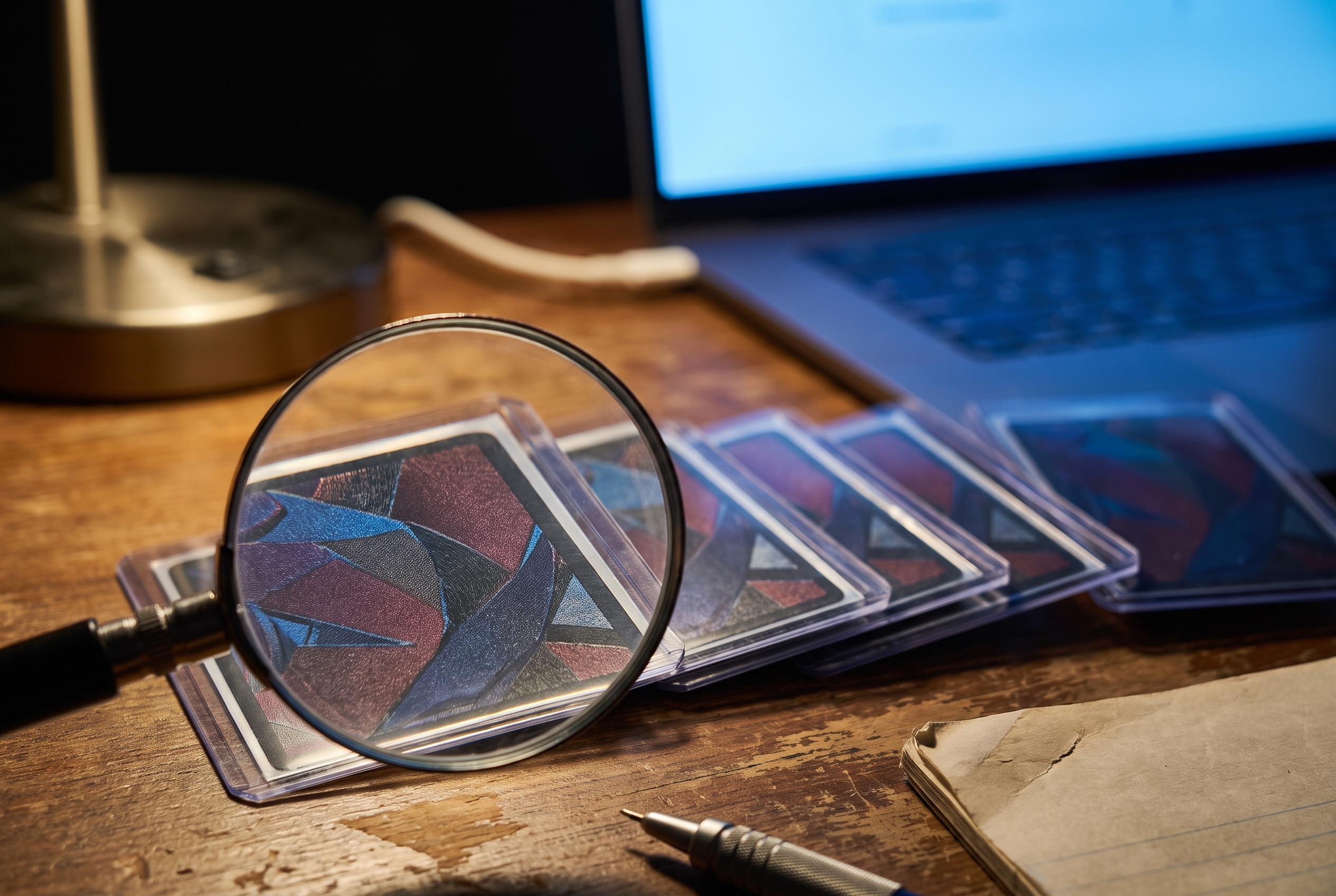 A magnifying glass hovers over a row of sleeved trading cards on a wooden desk, warm lamp light meeting the soft blue glow of an out-of-focus laptop screen behind it.