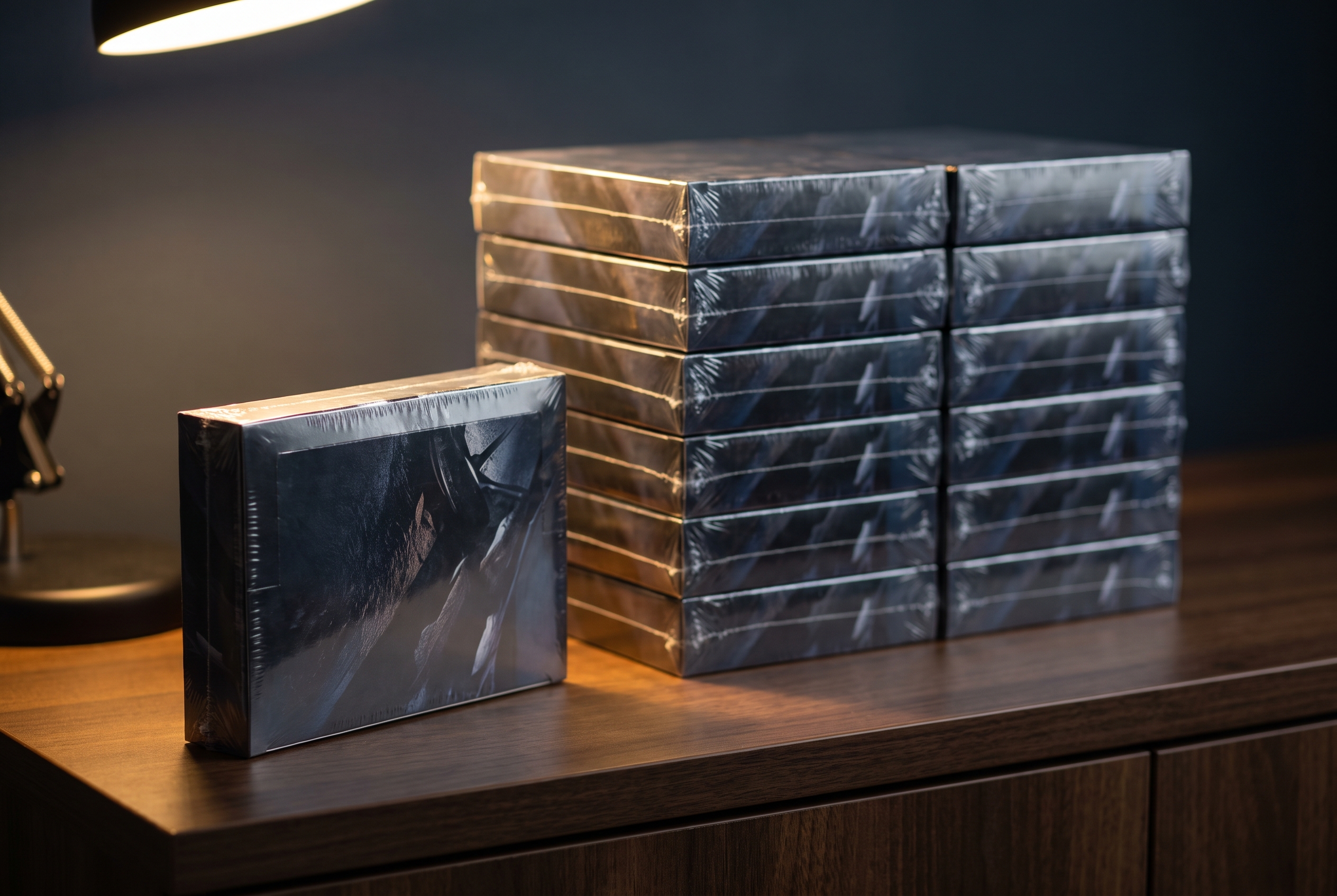 A stack of sealed collectible card boxes arranged in two columns on a dark credenza, with one box set apart and lit by a desk lamp