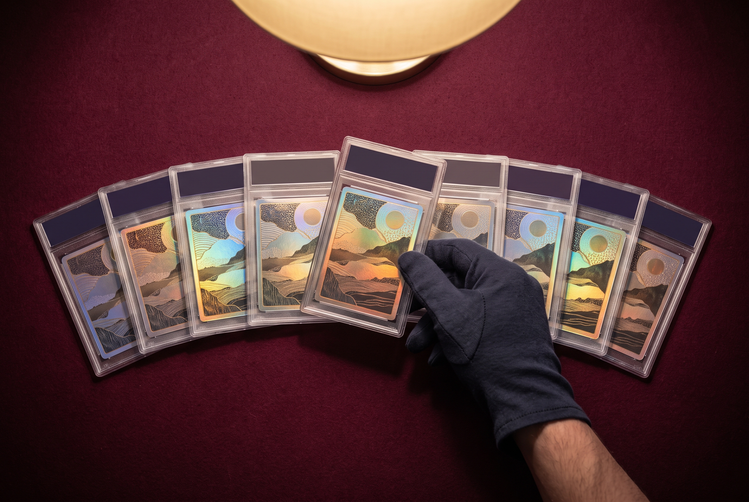 A gloved hand lifting one graded card slab from a fanned row of identical slabs laid out on burgundy felt