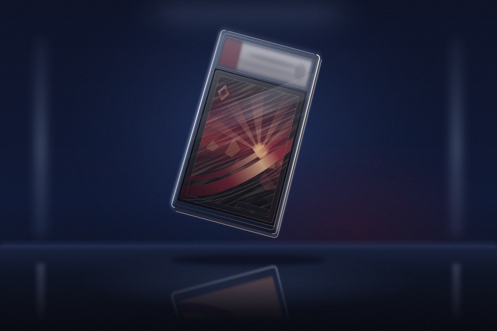 A single graded card slab floats against a deep navy background, edged by hard rim-light, with abstract burgundy and charcoal foil artwork on the card and a soft reflection beneath.