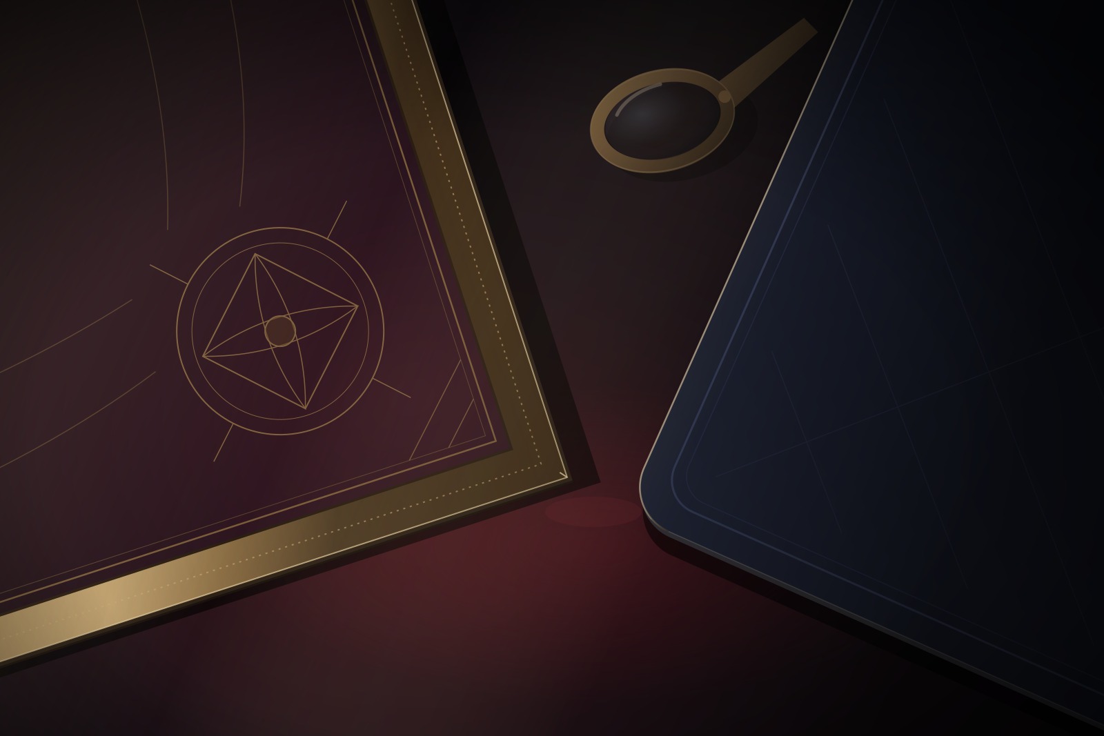 Illustration of two face-down card corners on dark felt, one square-cut with a gold-bordered back and one rounded with a plain back, with a brass loupe resting nearby.