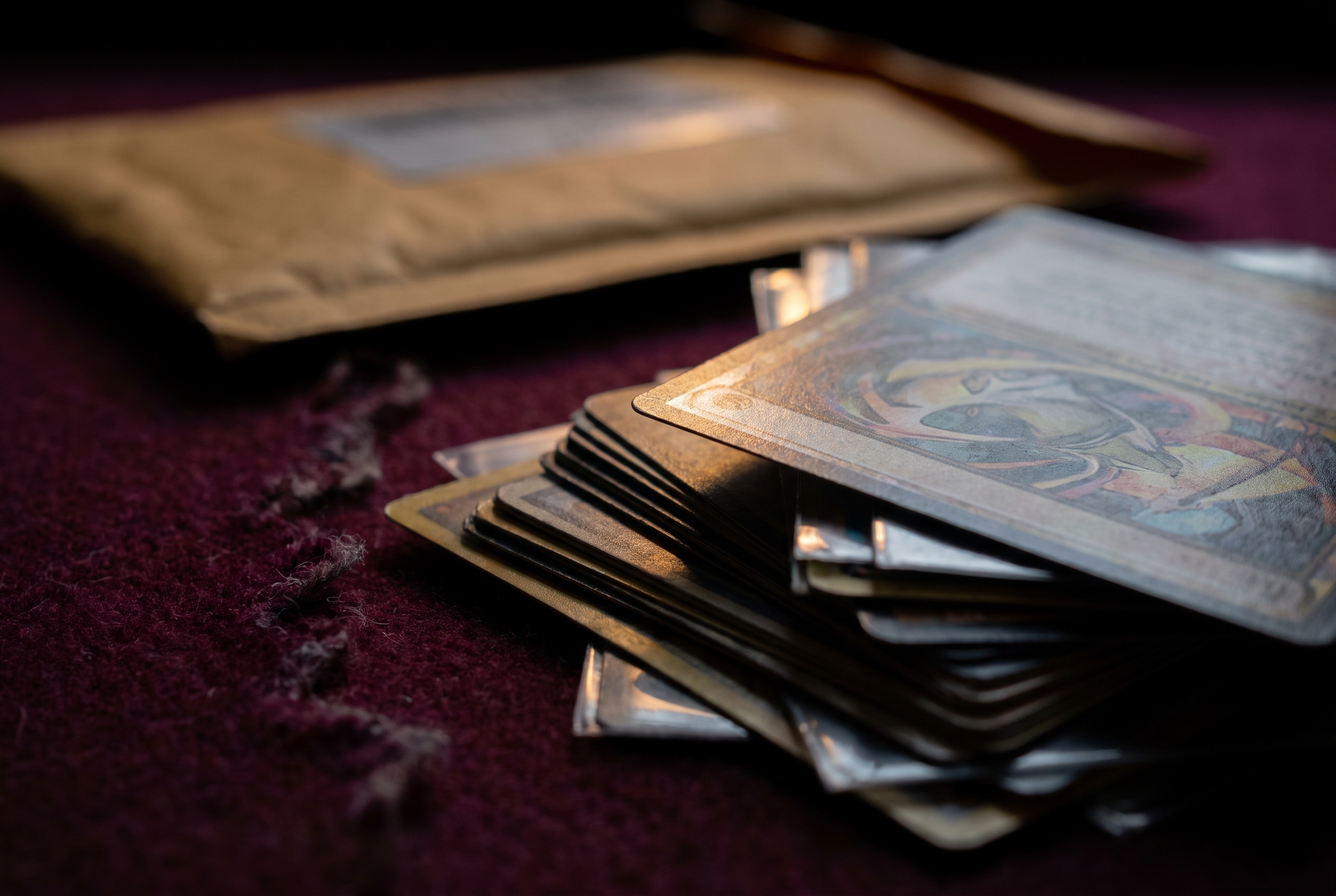 A loose pile of sleeved trading cards spills across a felt mat beside a flattened mailing envelope, with one card tilted to catch a thin glint of foil light.