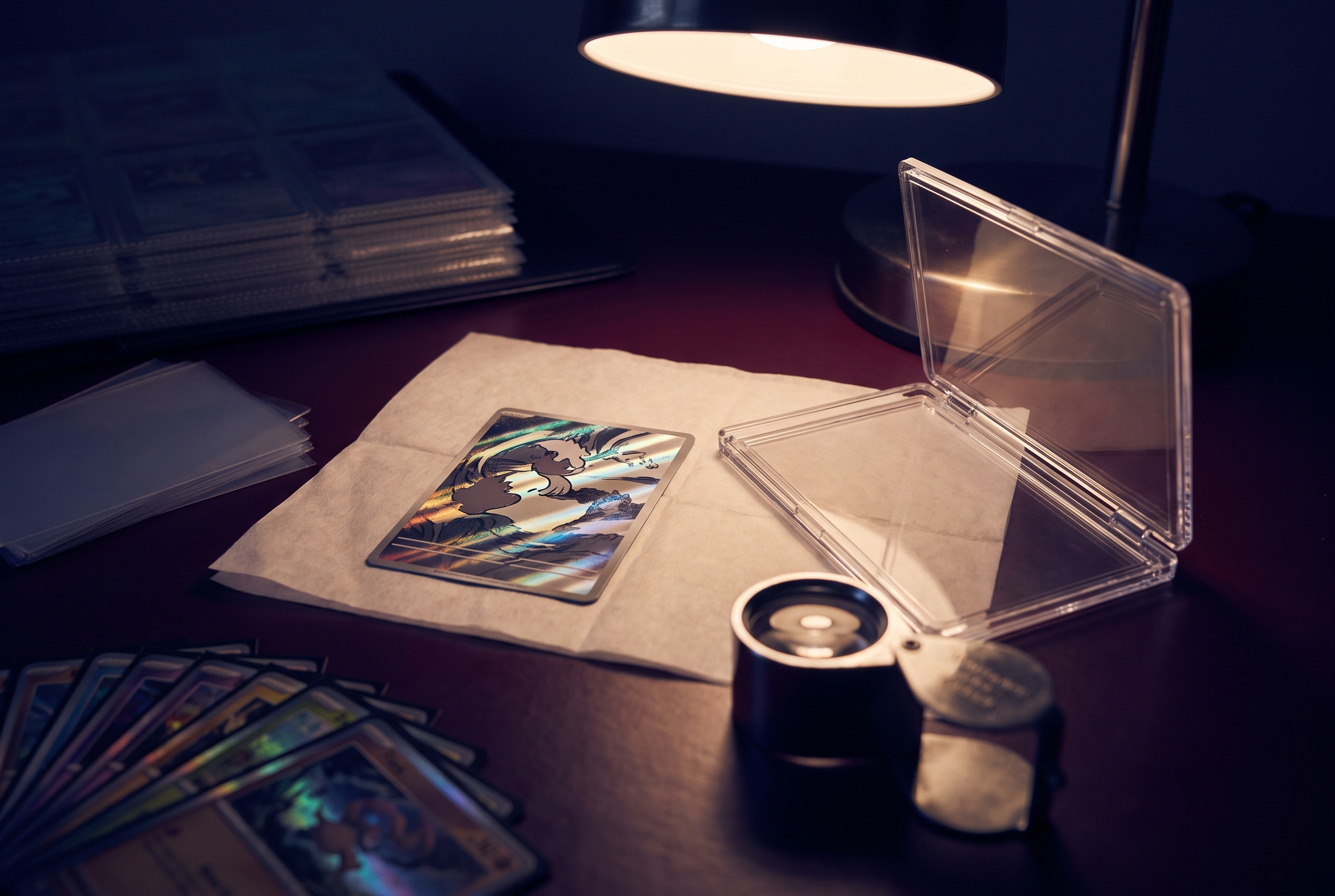 A raw trading card lies beside an open, empty acrylic slab case under a desk lamp's narrow pool of light, with a magnifying loupe resting nearby.