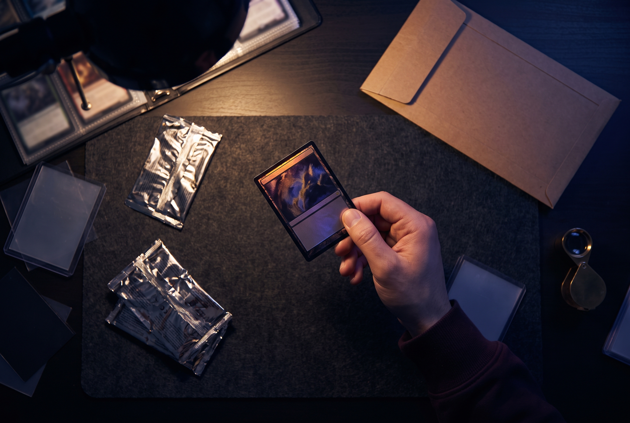 Torn foil pack wrappers scattered on dark felt beside a single trading card held at an angle to catch lamplight, an unopened grading submission mailer resting untouched nearby in shadow.