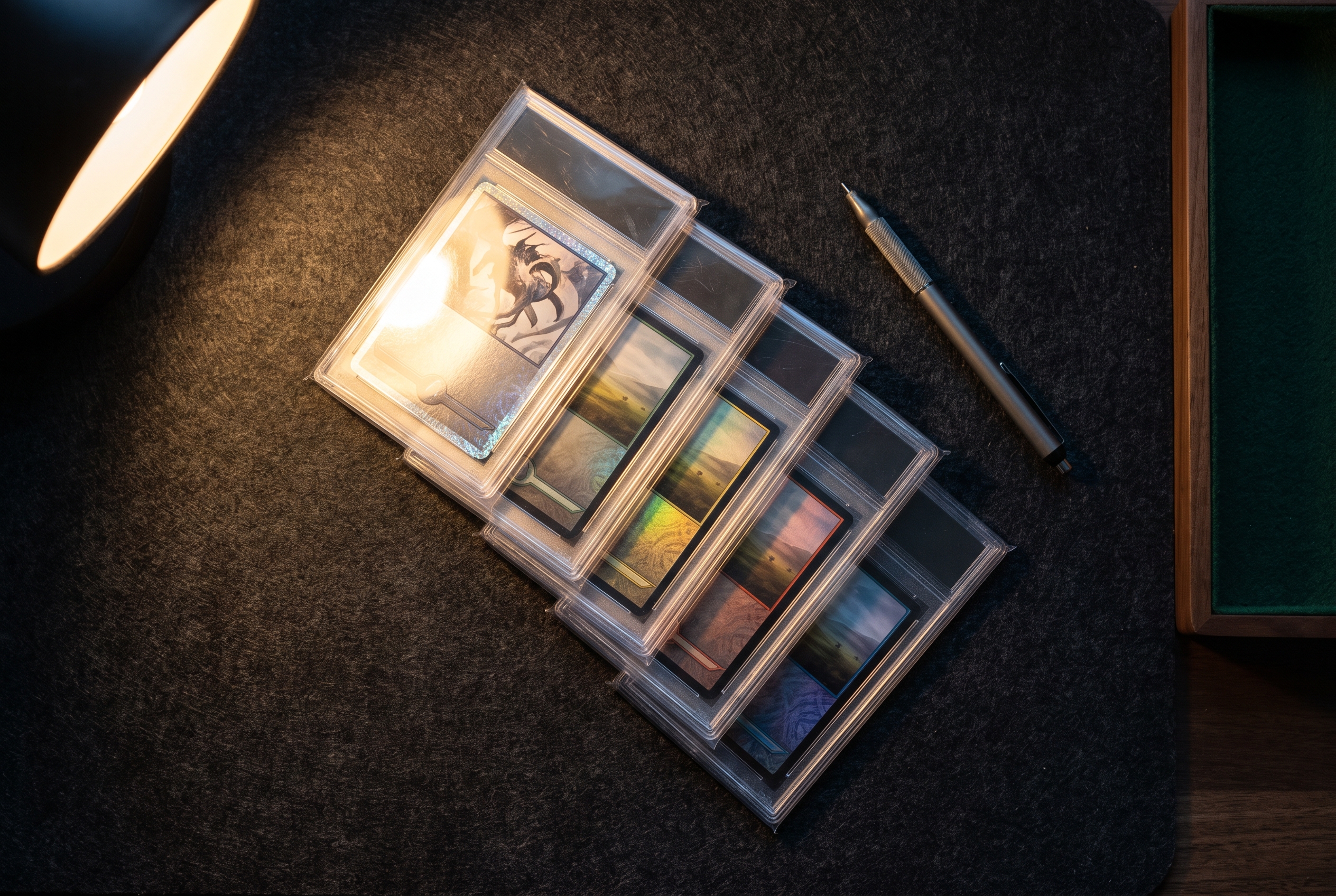 Five graded card slabs fanned in a diagonal row on dark felt, lit by a single raking lamp so one slab glares bright while the rest recede into shadow.
