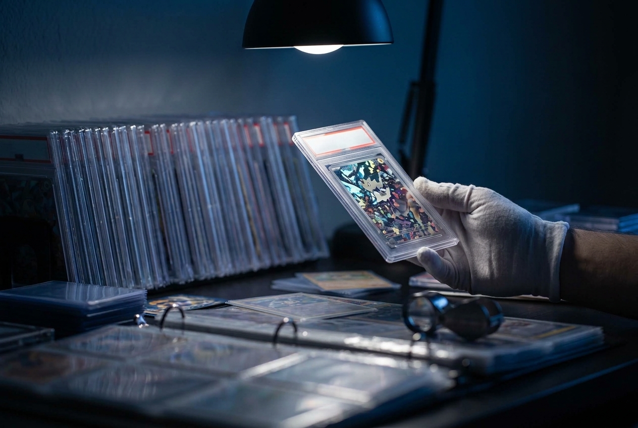 A gloved hand holds one graded card slab under a bright desk lamp, sharply lit, while a dim row of other slabs sits blurred behind it on the desk.