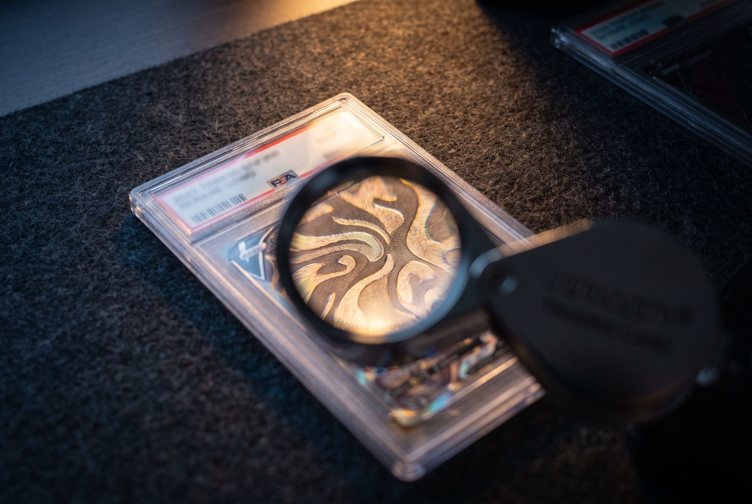A jeweler's loupe magnifying swirling foil texture on a slabbed trading card with its label strip blurred, while a second slab rests half in shadow on a felt-covered desk.