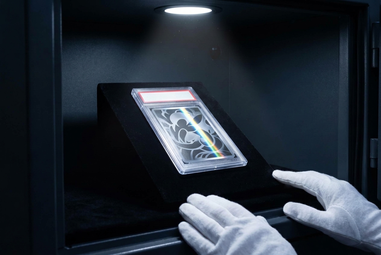 A single serialized foil trading card in its graded slab, isolated on black velvet under a narrow spotlight that rims its edge, with gloved hands hovering nearby but not touching it.
