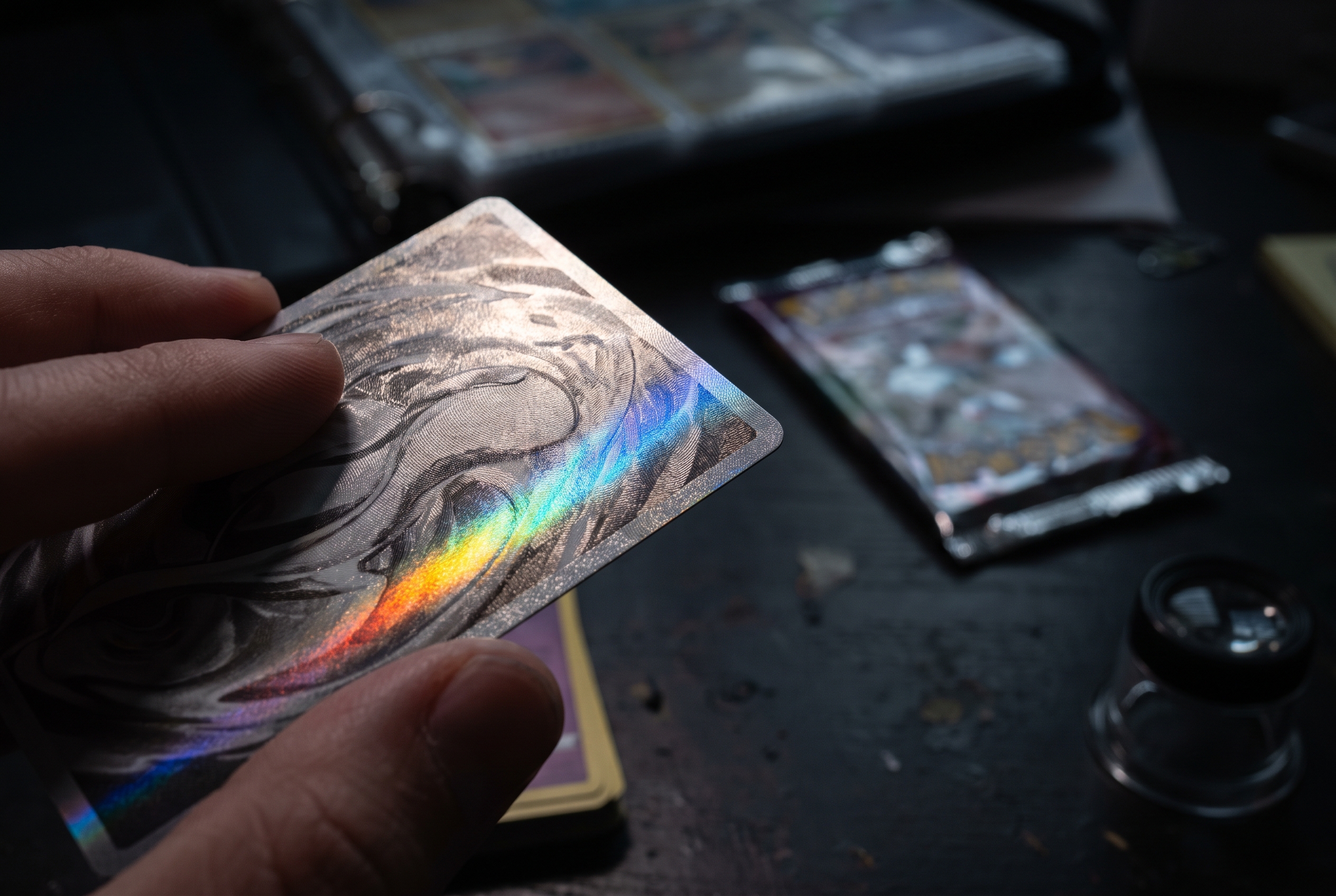 A hand tilts a foil trading card so light streaks across its surface, a sealed booster pack blurred in the dark background behind it.
