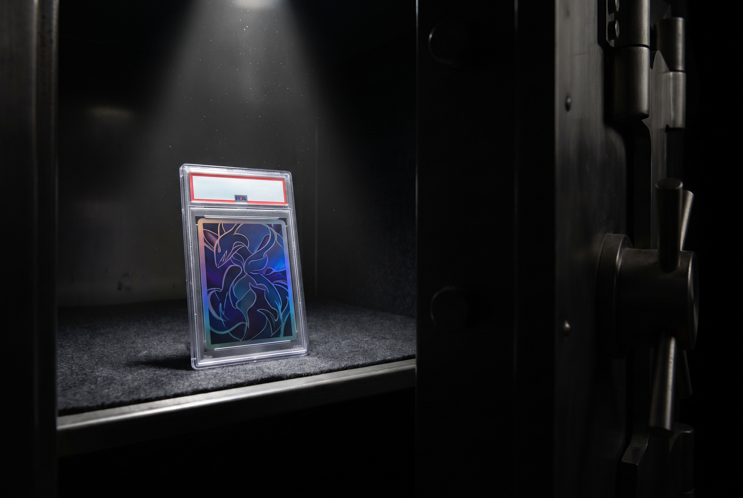 A single slabbed trading card sits alone on a dark shelf, lit by a narrow overhead beam with the edge of a vault door barely visible in the shadows.
