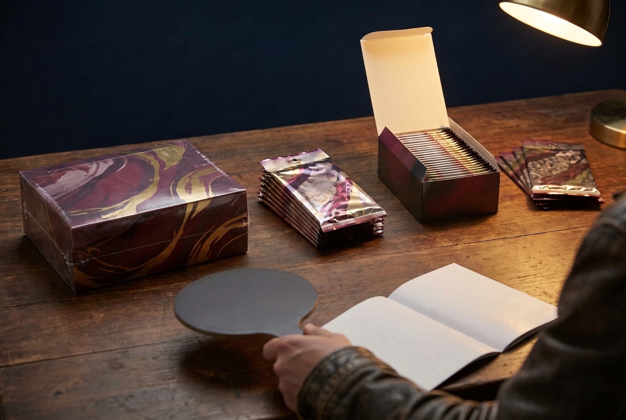 Three sealed collectible card products of different shapes, a squat box, a wrapped bundle of packs and a tall display box, arranged on a dark wooden table in warm lamplight.