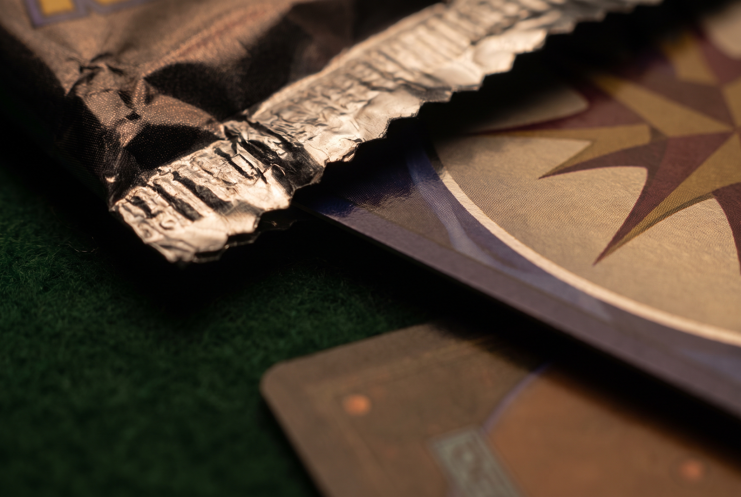 Extreme close-up of a torn foil pack wrapper with a shiny card corner sliding out, warm light glancing across the foil, with a face-down card blurred on green felt behind.