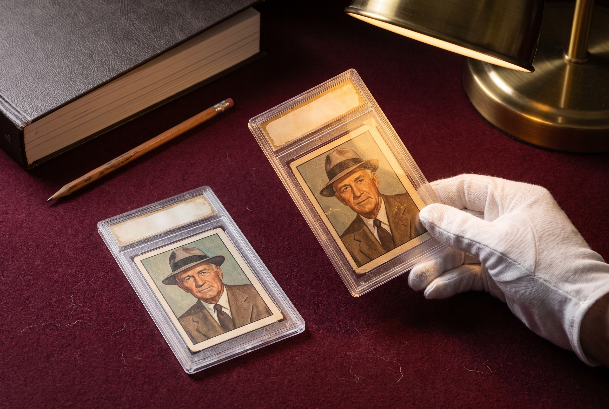 A gloved hand tilts a graded vintage card slab under a lamp on burgundy felt, next to a second slab and a closed auction catalog.