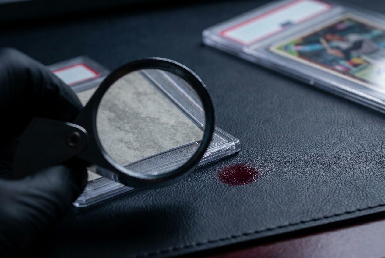 Close view of a jeweler's loupe held over the lower border of a graded vintage card in its slab, with a second slab blurred behind it.