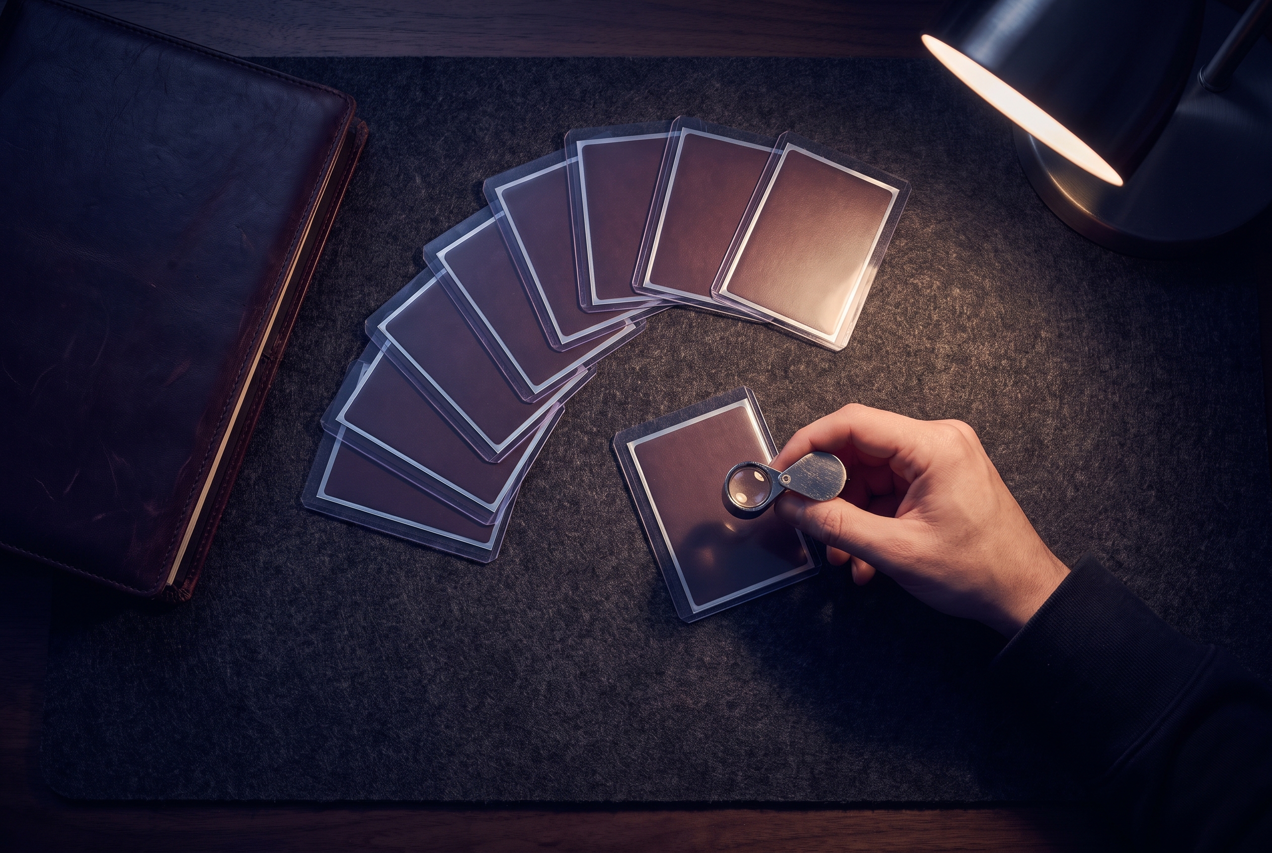 Overhead view of a hand holding a loupe over a sleeved card, with more cards fanned face-down on dark felt under warm lamp light.