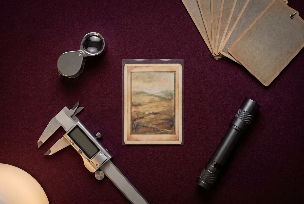 Top-down view of a card buyer's kit on burgundy felt: a jeweler's loupe, digital calipers, a UV flashlight and a sleeved vintage card, with a few face-down cards fanned nearby.