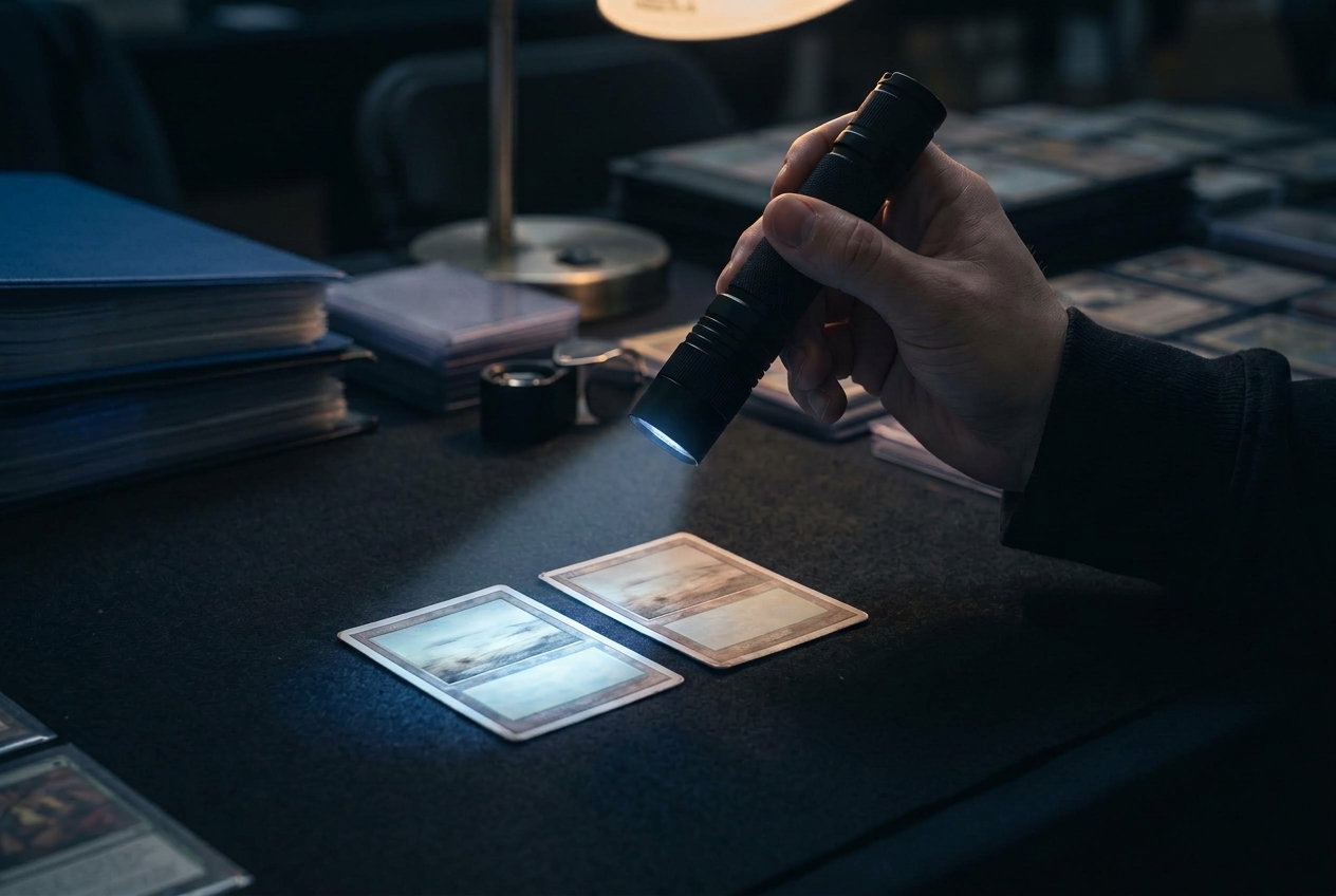 A hand aims a UV flashlight at two vintage cards on dark felt. One card glows evenly blue-white while the other has a patch along its border that glows a duller tone.