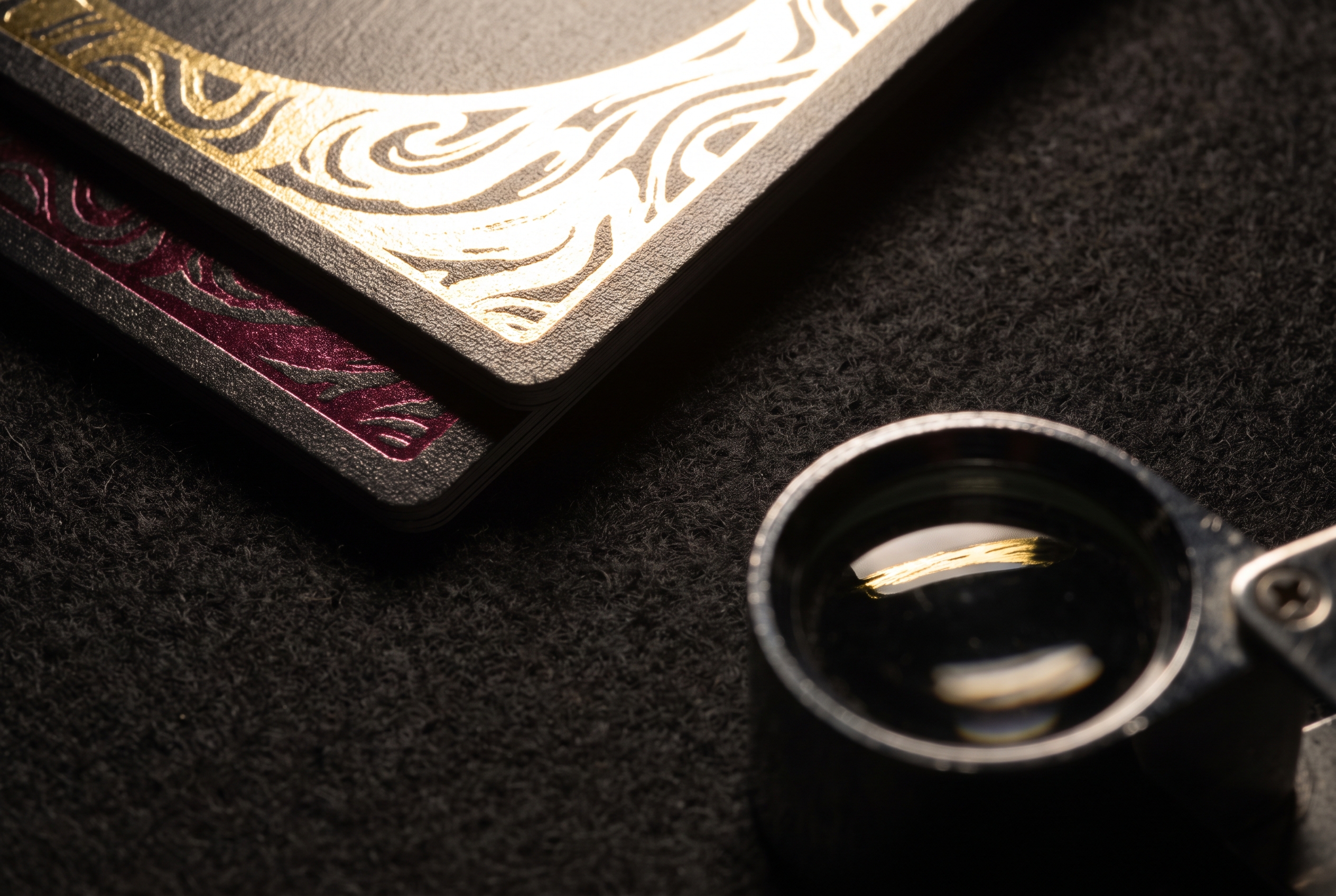 An extreme close-up shows two trading cards fanned on dark felt, their foil surfaces glaring under raking light beside a jeweler's loupe.