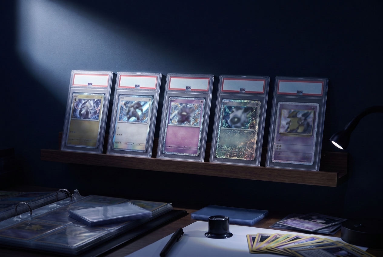 Five graded trading card slabs stand in a row on a shelf, their blank label strips and foil faces catching raking light against a navy wall.