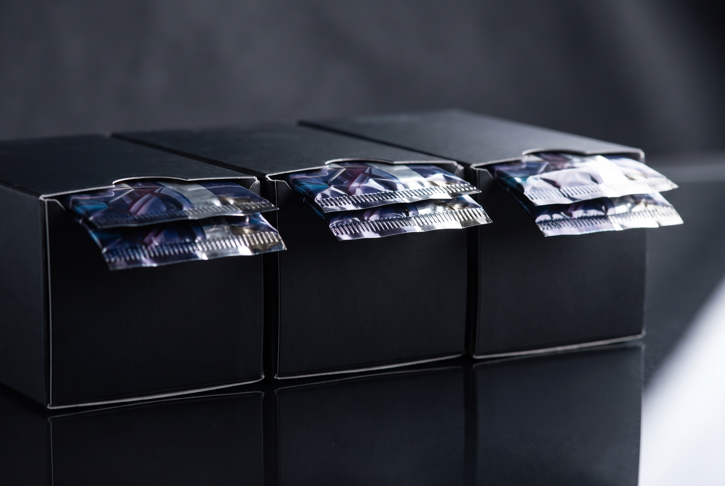 Three identical sealed collector boxes stand side by side on a dark surface, each with a foil booster pack pulled halfway out and catching a sharp streak of light.