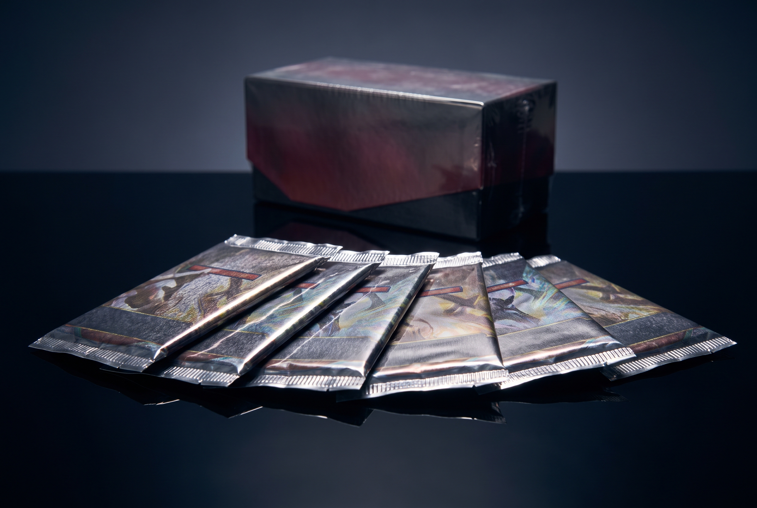 Six foil booster packs are fanned in a wide arc on a glossy black surface, sharply lit in the foreground with a sealed box softly blurred behind them.