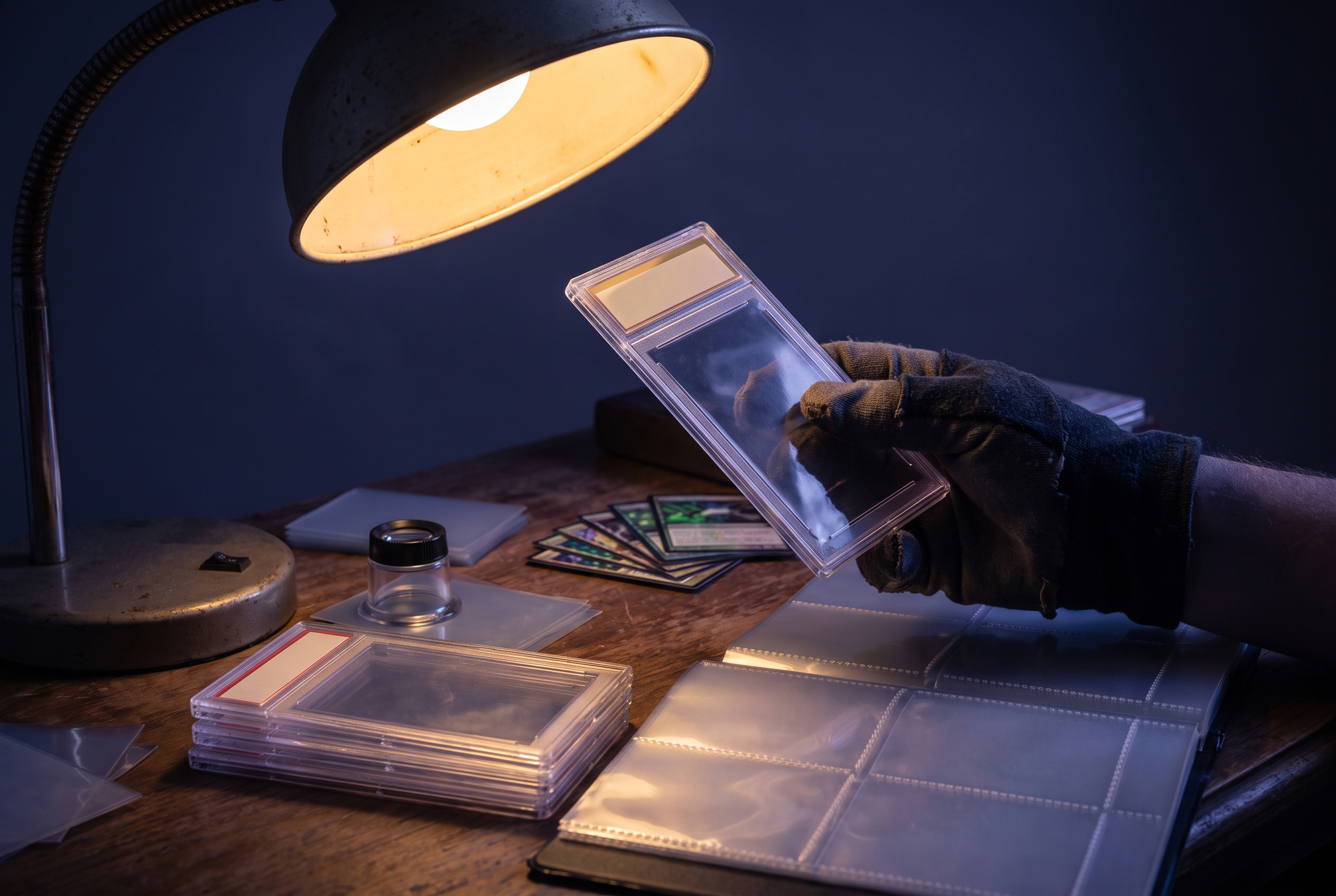 A gloved hand tilts a graded trading card slab under warm desk lamp light, with three more slabs stacked nearby and an empty binder page in the foreground.