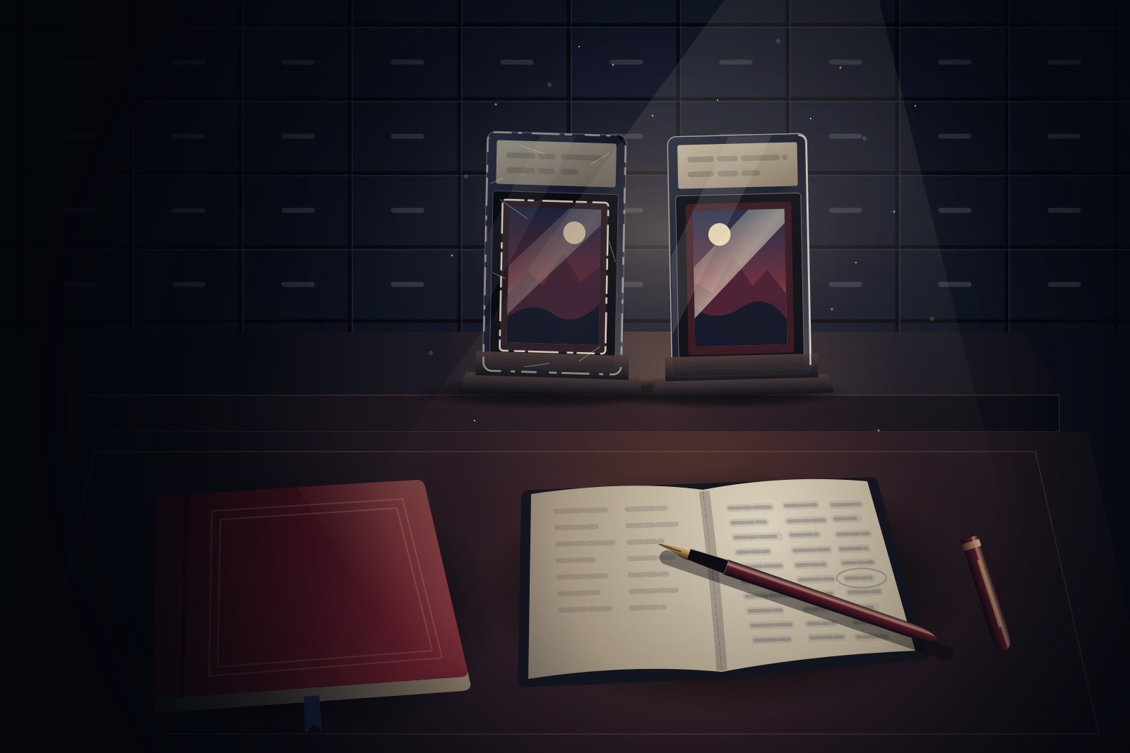 Two slabbed vintage cards in stands, one more worn than the other, sit on a dark desk beside a burgundy auction catalog and a notebook with an uncapped pen, lit by a single spotlight.