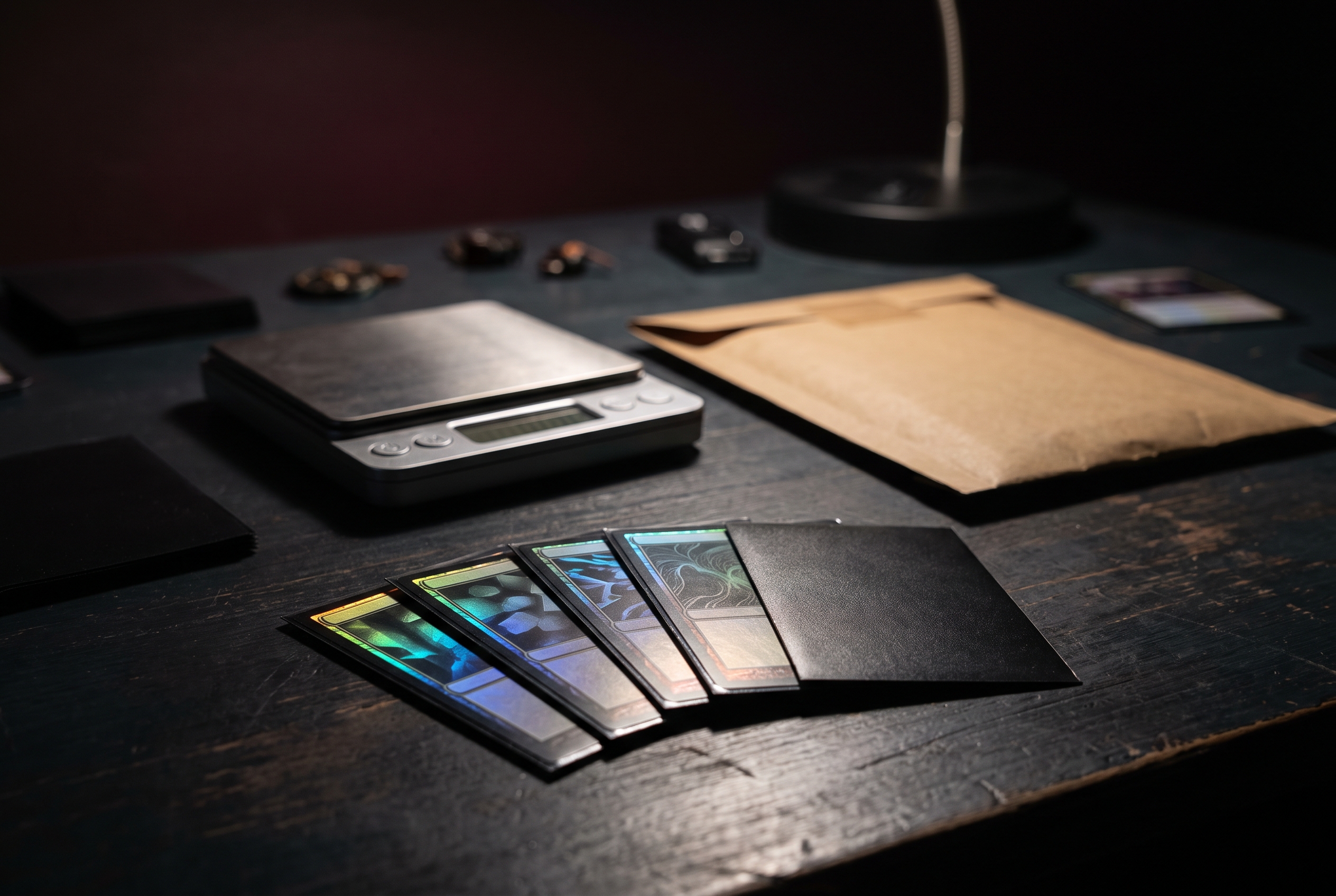 A small fan of sleeved trading cards catches foil glare in raking lamplight beside a postal scale and a plain shipping envelope on a dark desk.
