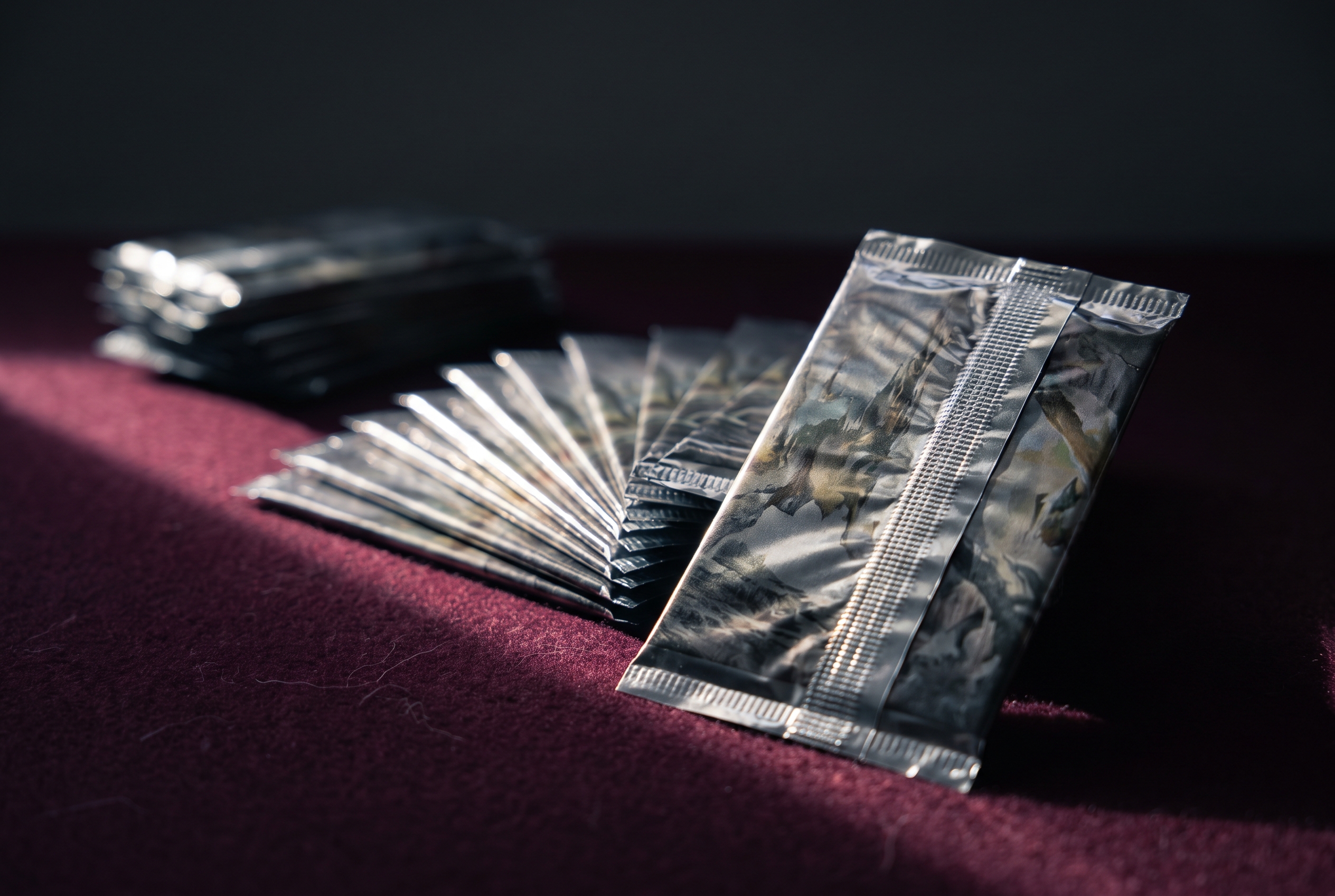 A stack of sealed foil booster packs on dark felt, one pack tilted to catch a raking highlight across its foil wrapper while others blur in shadow behind it.