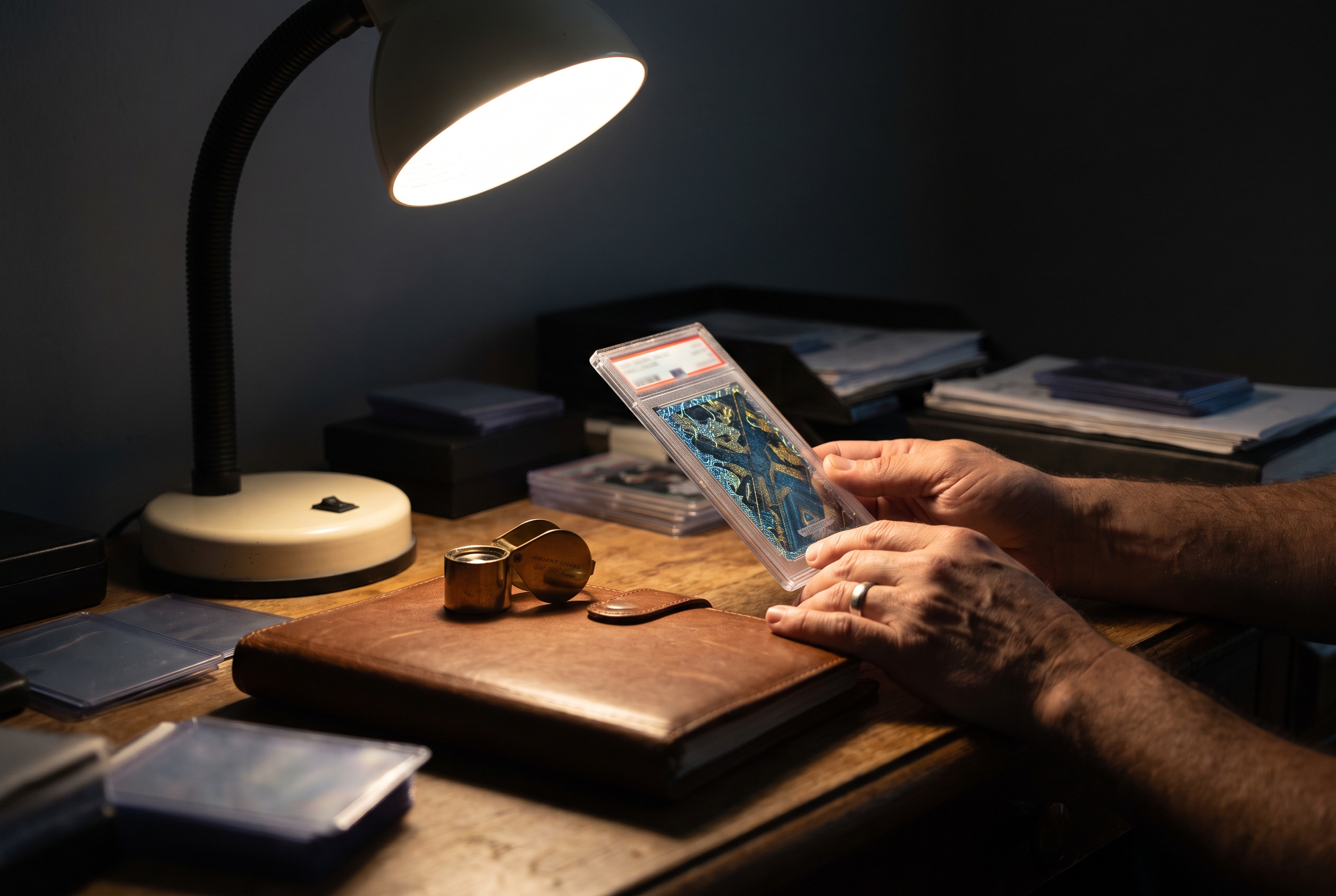 A hand tilts a graded card slab under a desk lamp so its foil catches the light, with a loupe and a closed leather binder resting nearby in the pool of light.