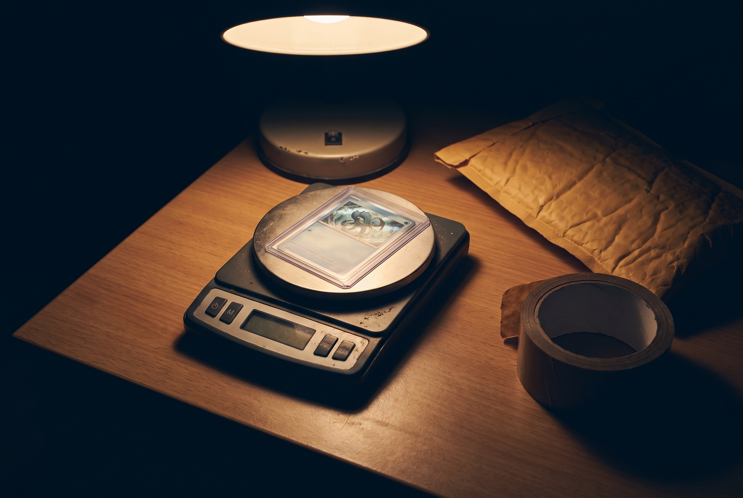 A sleeved trading card resting on a digital postal scale beside a bubble mailer and tape roll, lit by a single desk lamp at night.